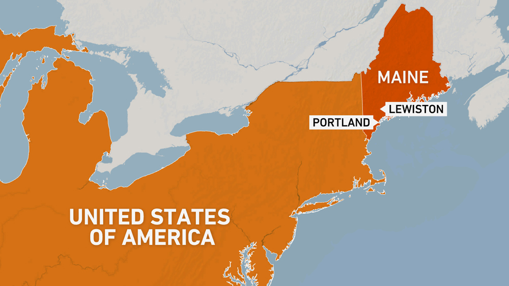 Map showing Maine, and cities Portland and Lewiston.