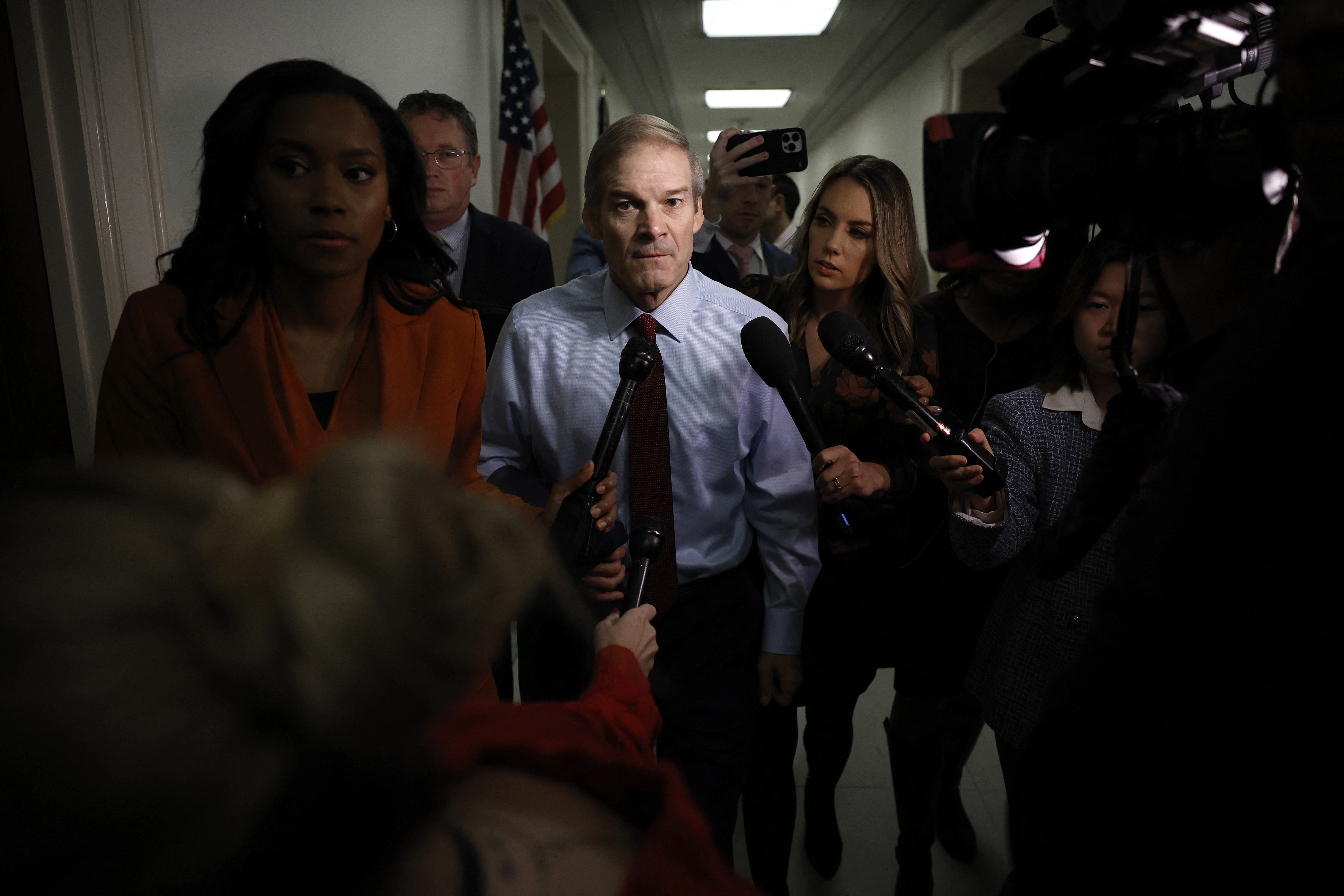 WASHINGTON, DC - OCTOBER 18: House Judiciary Committee Chairman Jim Jordan (R-OH) talks to reporters as he heads from his office in the Rayburn House Office Building to the U.S. Capitol on October 18, 2023 in Washington, DC. Jordan failed in his bid to become Speaker of the House on Tuesday after all Democrats and 20 members of his own party declined to vote for him. The House has been without an elected leader since Rep. Kevin McCarthy (R-CA) was ousted from the speakership on October 4 in a move led by a small group of conservative members of his own party. Chip Somodevilla/Getty Images/AFP (Photo by CHIP SOMODEVILLA / GETTY IMAGES NORTH AMERICA / Getty Images via AFP)