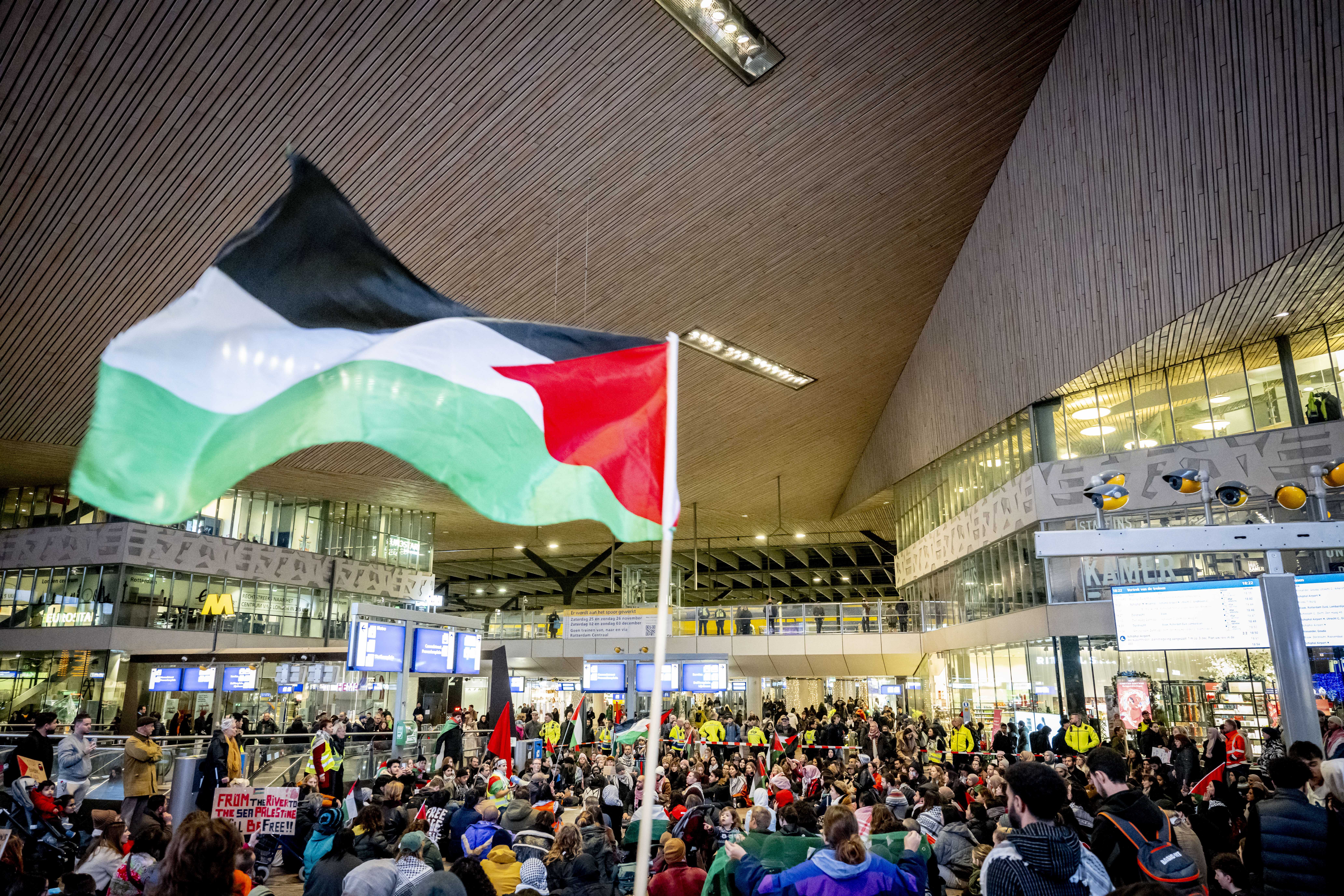 Protesters are holding a sit-in at Rotterdam Central Station, in Rotterdam, the Netherlands.