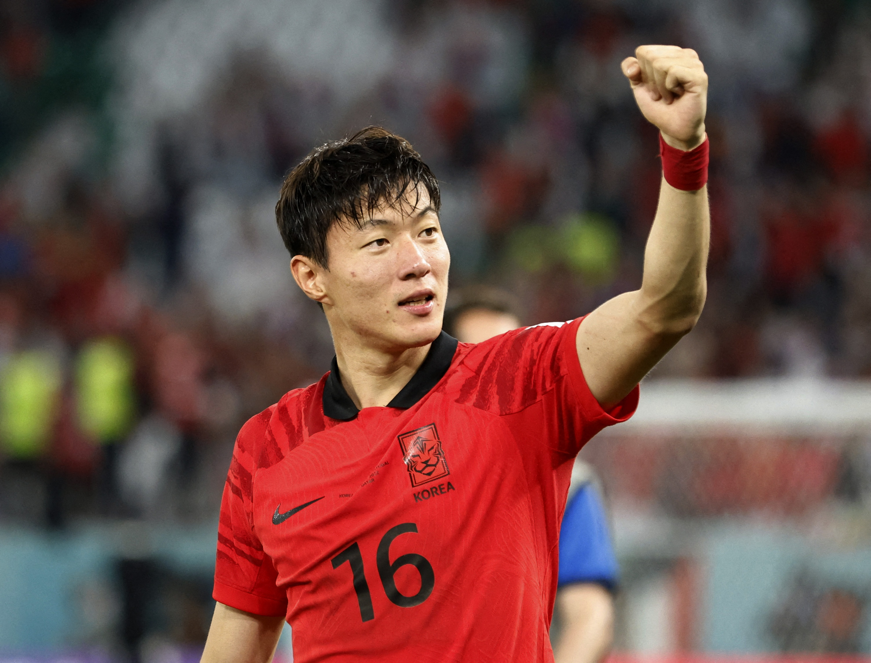 Soccer Football - FIFA World Cup Qatar 2022 - Group H - South Korea v Portugal - Education City Stadium, Al Rayyan, Qatar - December 2, 2022 South Korea's Hwang Ui-jo celebrates after the match as South Korea qualify for the knockout stages REUTERS/Thaier Al-Sudani