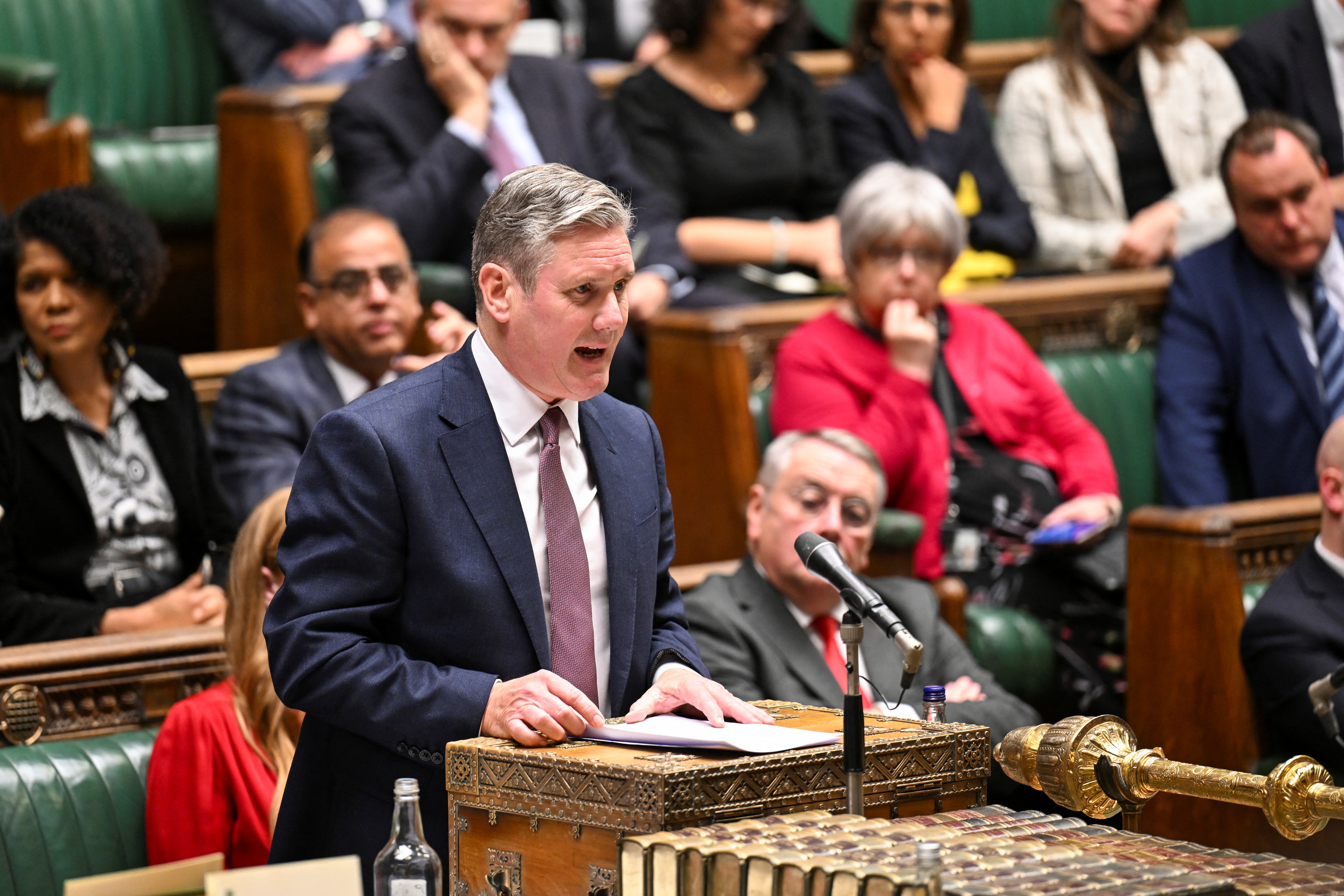 Kier Starmer, leader of Britain's Labour Party, speaks during Britain's Prime Minister Rishi Sunak's Ministerial Statement on Israel and Gaza situation, at the House of Commons in London, Britain October 23, 2023. UK Parliament/Maria Unger/Handout via REUTERS ATTENTION EDITORS - THIS IMAGE HAS BEEN SUPPLIED BY A THIRD PARTY. MANDATORY CREDIT. IMAGE MUST NOT BE ALTERED.