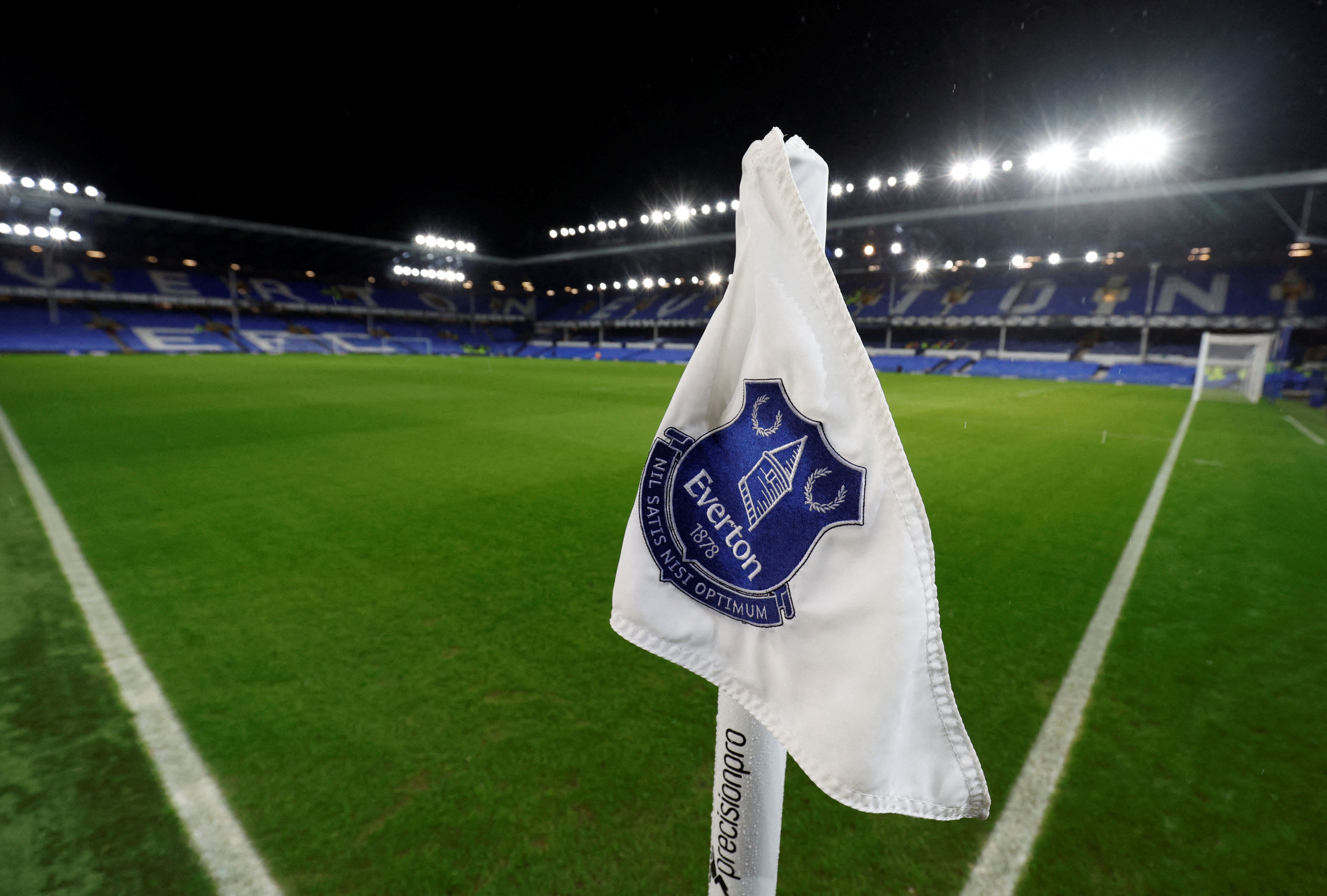 A view of a corner flag reading 'Everton' at Goodison Park