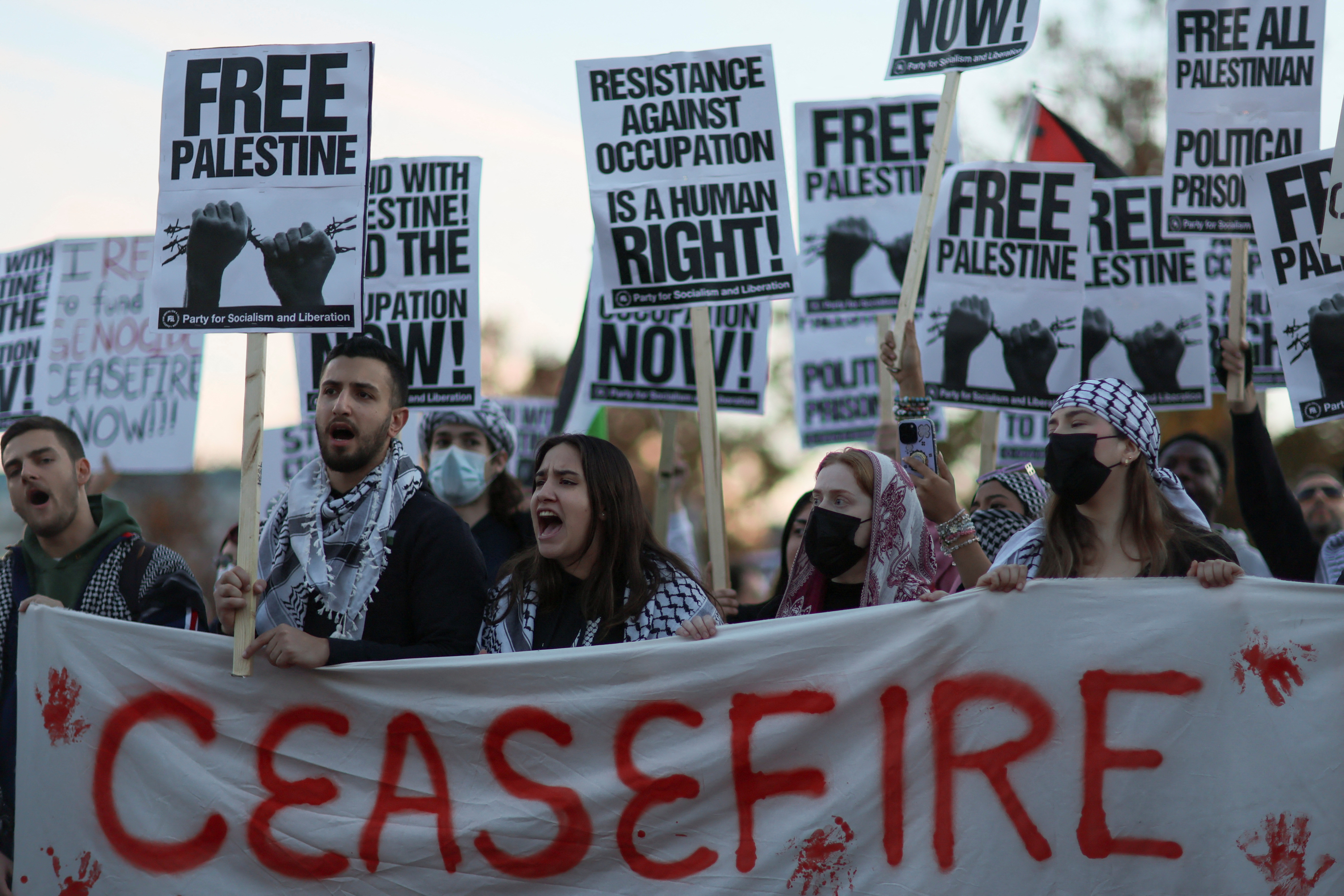 Protesters rally to demand that the US government push Israel for a ceasefire and to end US aid to Israel, amid the ongoing conflict between Israel and the Palestinian group Hamas, near the US Capitol in Washington, US, November 17, 2023