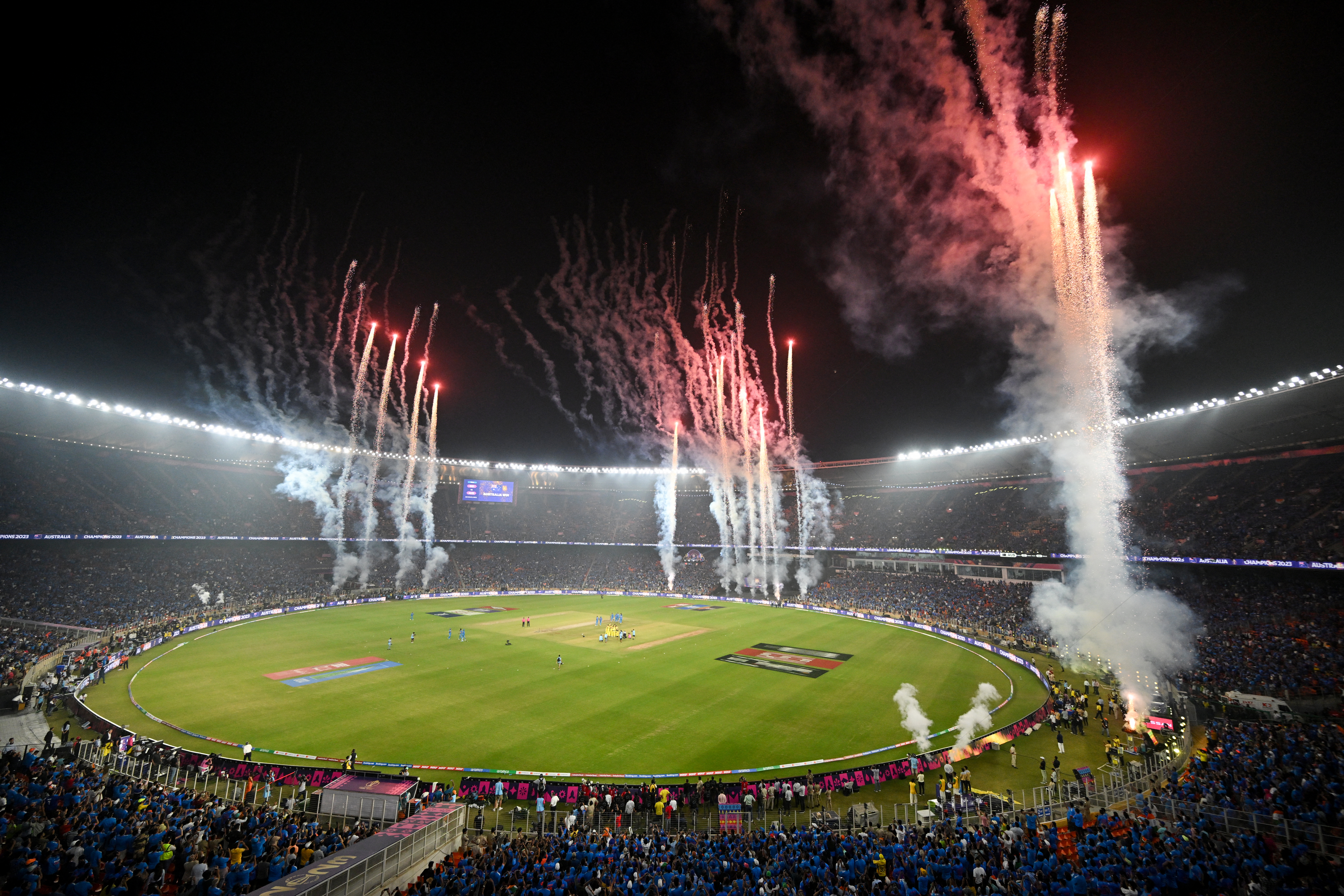 Fireworks explode at the end of the 2023 ICC Men's Cricket World Cup one-day international (ODI) final match between India and Australia at the Narendra Modi Stadium in Ahmedabad.
