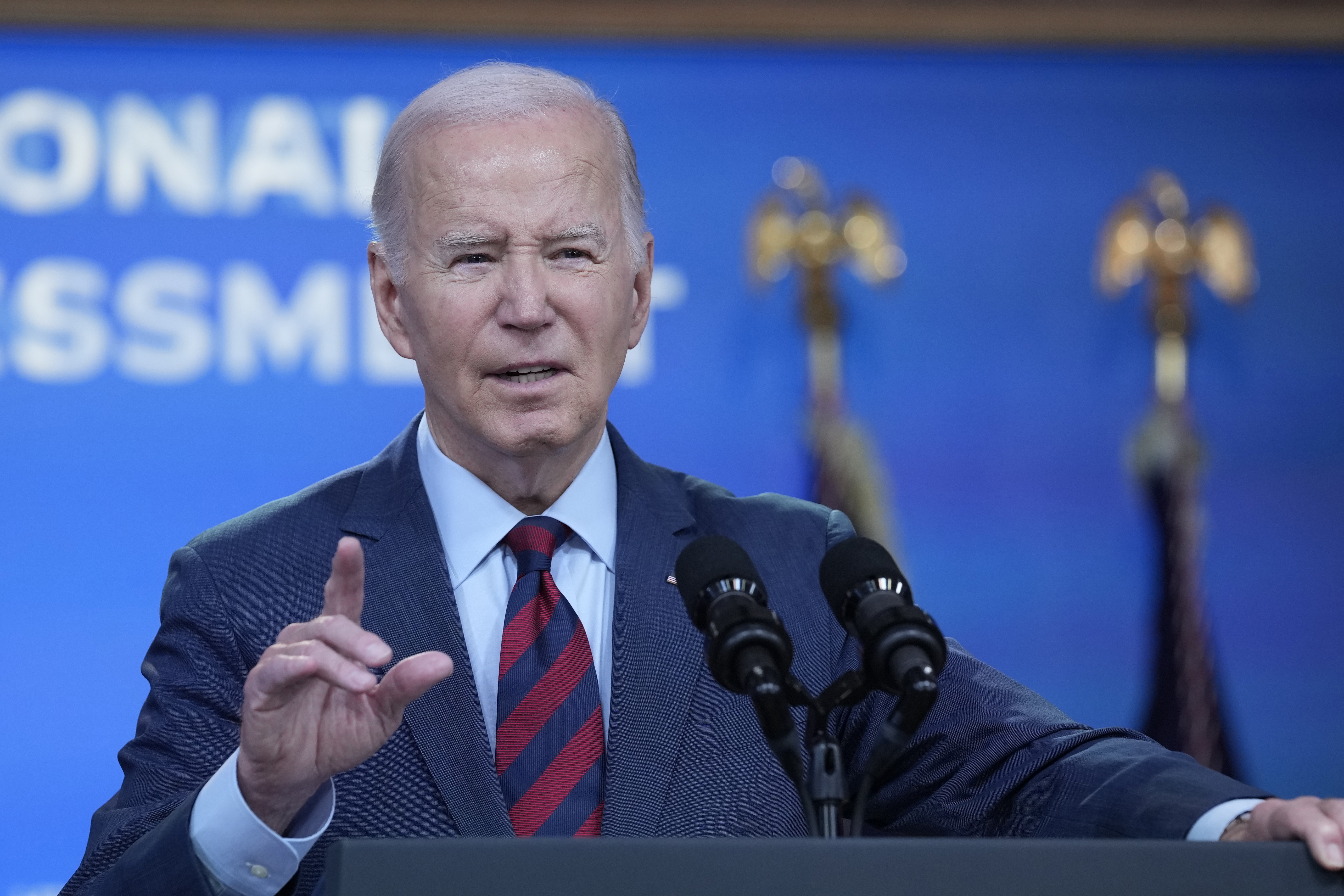 President Joe Biden speaks in the South Court Auditorium on the White House complex in Washington, Tuesday, Nov. 14