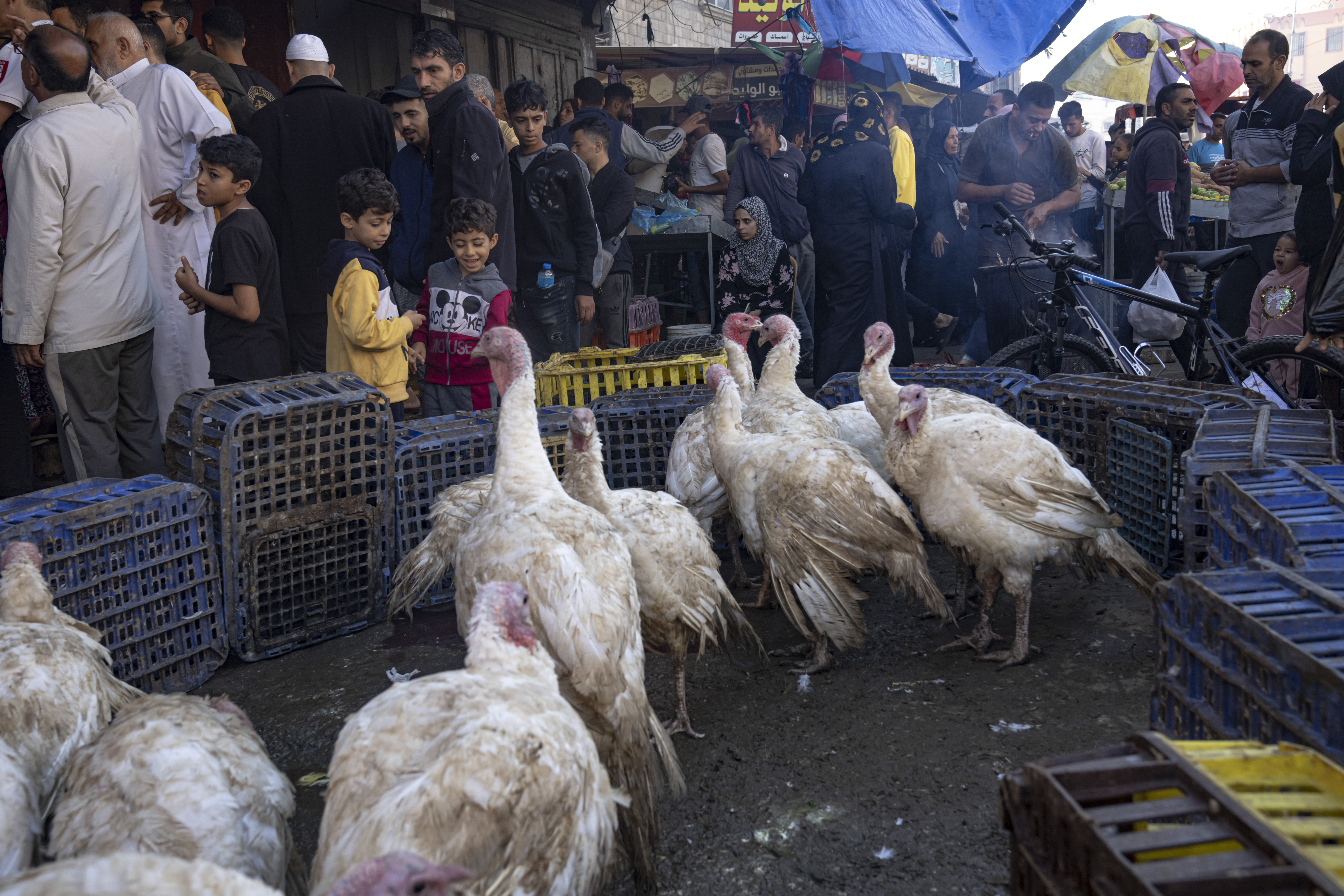 Palestinians flock to an open-air market during the ongoing Israeli bombardment of the Gaza Strip in Khan Younis