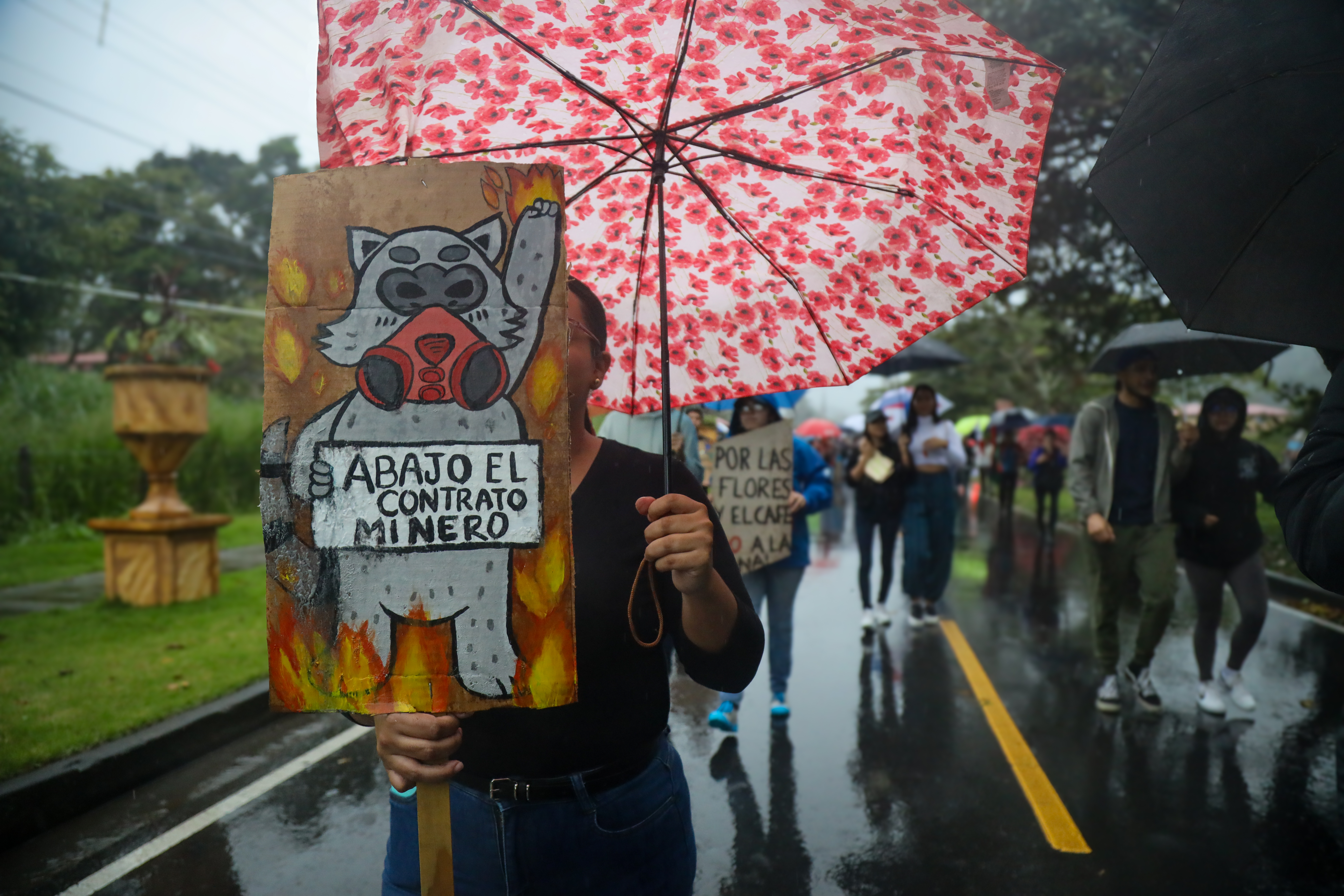 A protestor in Panama holding a sign saying 'Down with the Mining Contract'