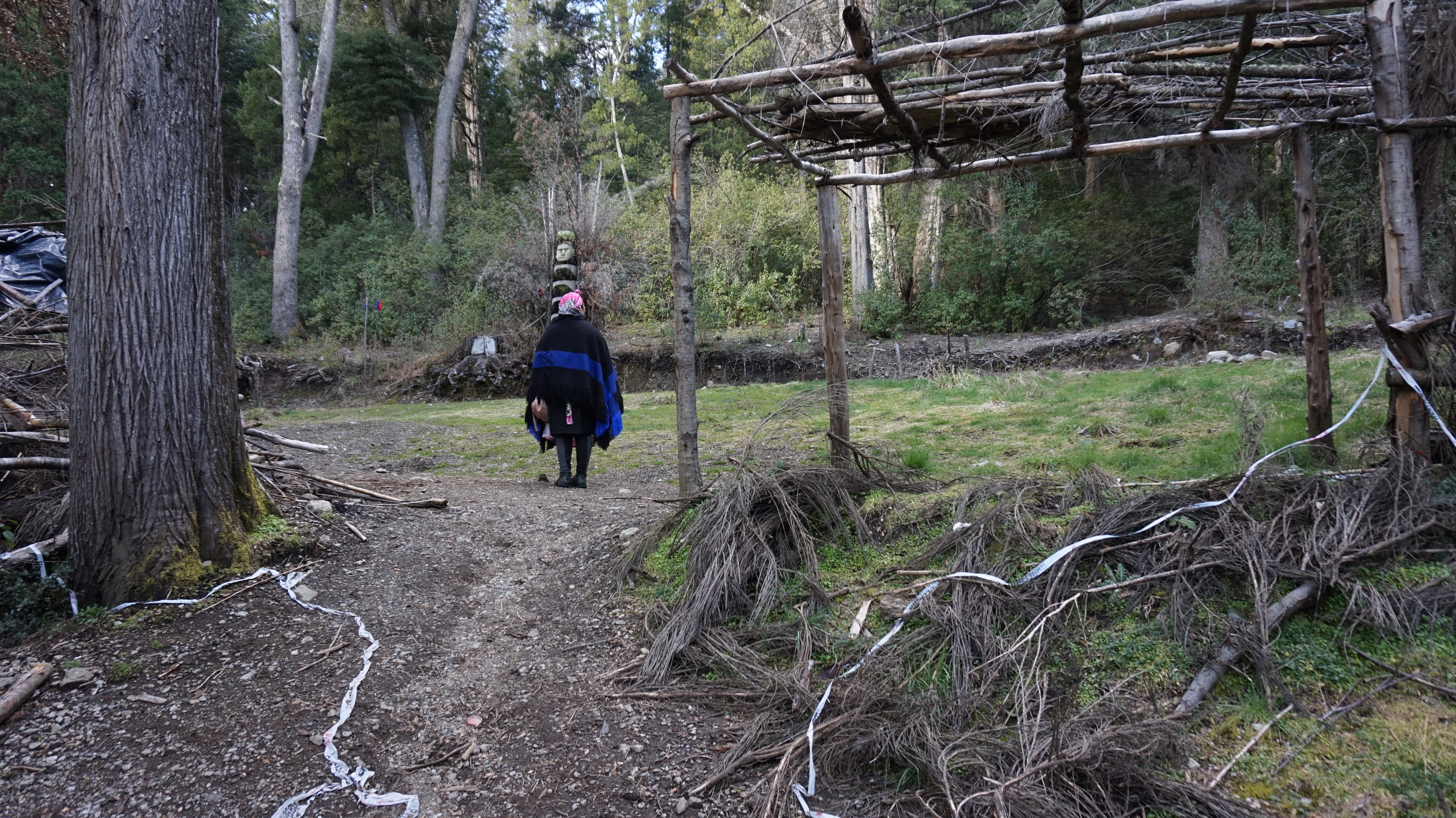Betiana Colhuan walks on a dirt path through the ruins of her rewe, a sacred site in Mapuche culture.