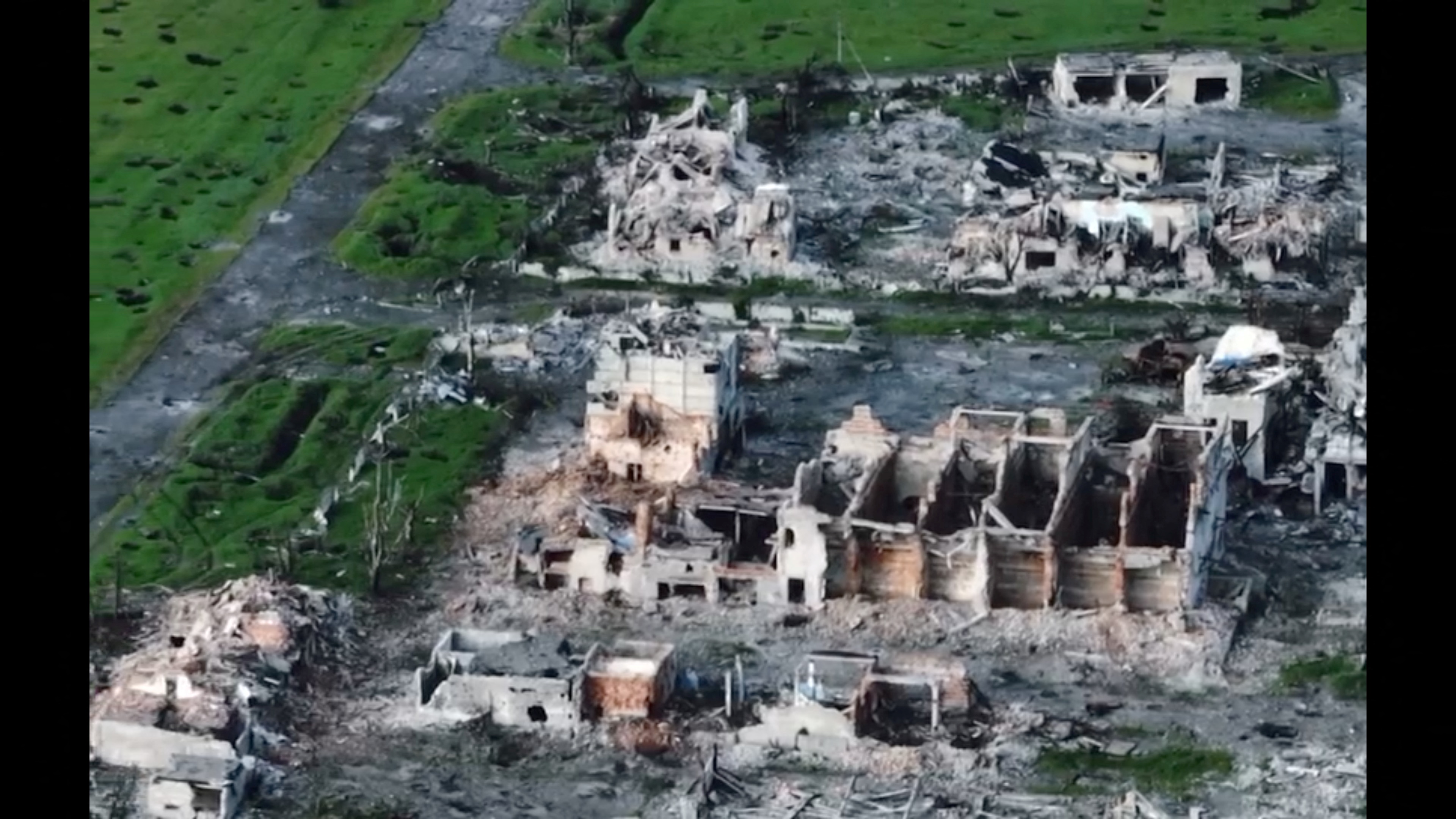 A drone view shows the remains of Maryinka city that was destroyed by the Russians, as Russia's attack on Ukraine continues,