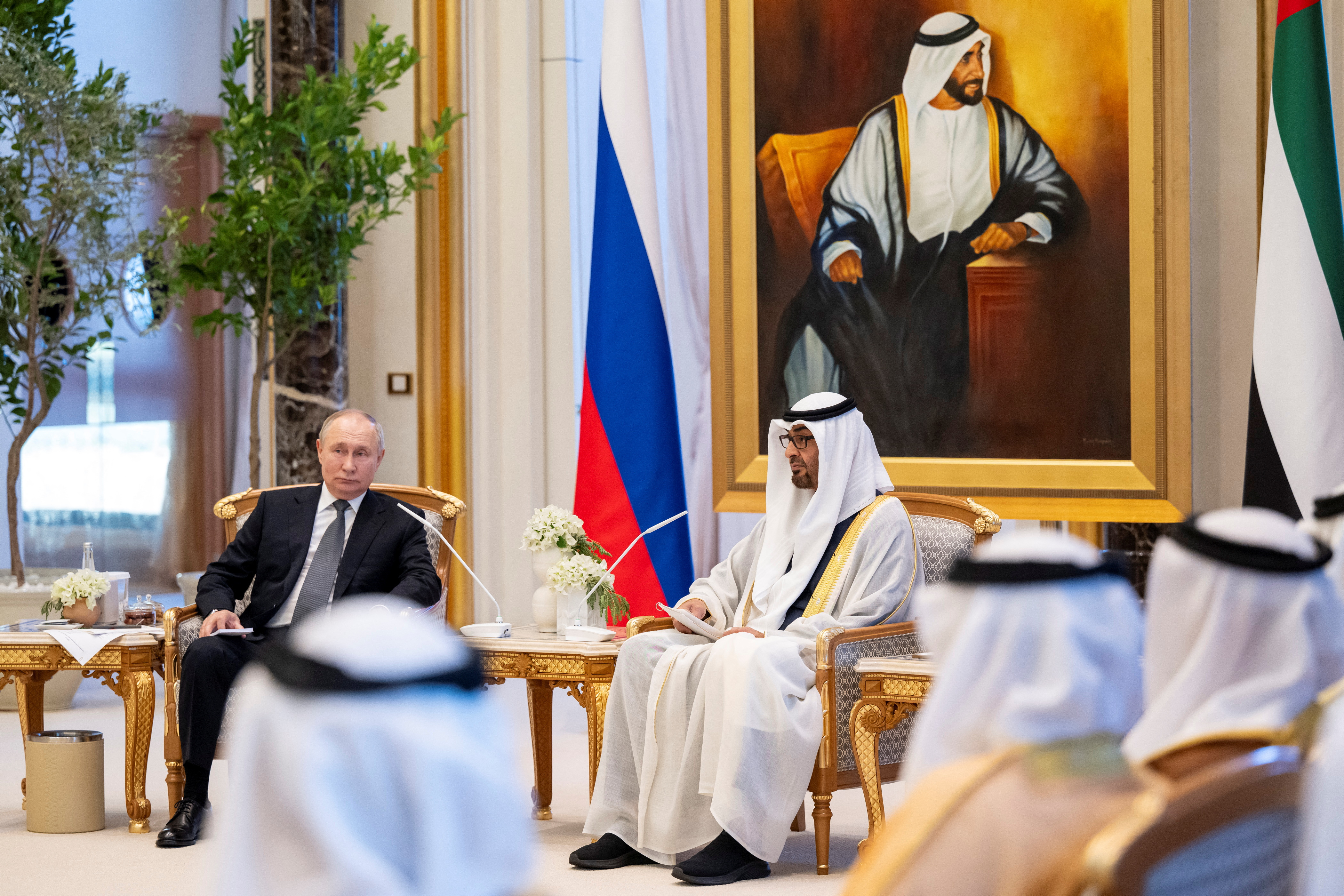Sheikh Mohamed bin Zayed Al Nahyan, President of the United Arab Emirates, meets with Vladimir Putin, President of Russia, during a state visit reception, at Qasr Al Watan in Abu Dhabi, United Arab Emirates