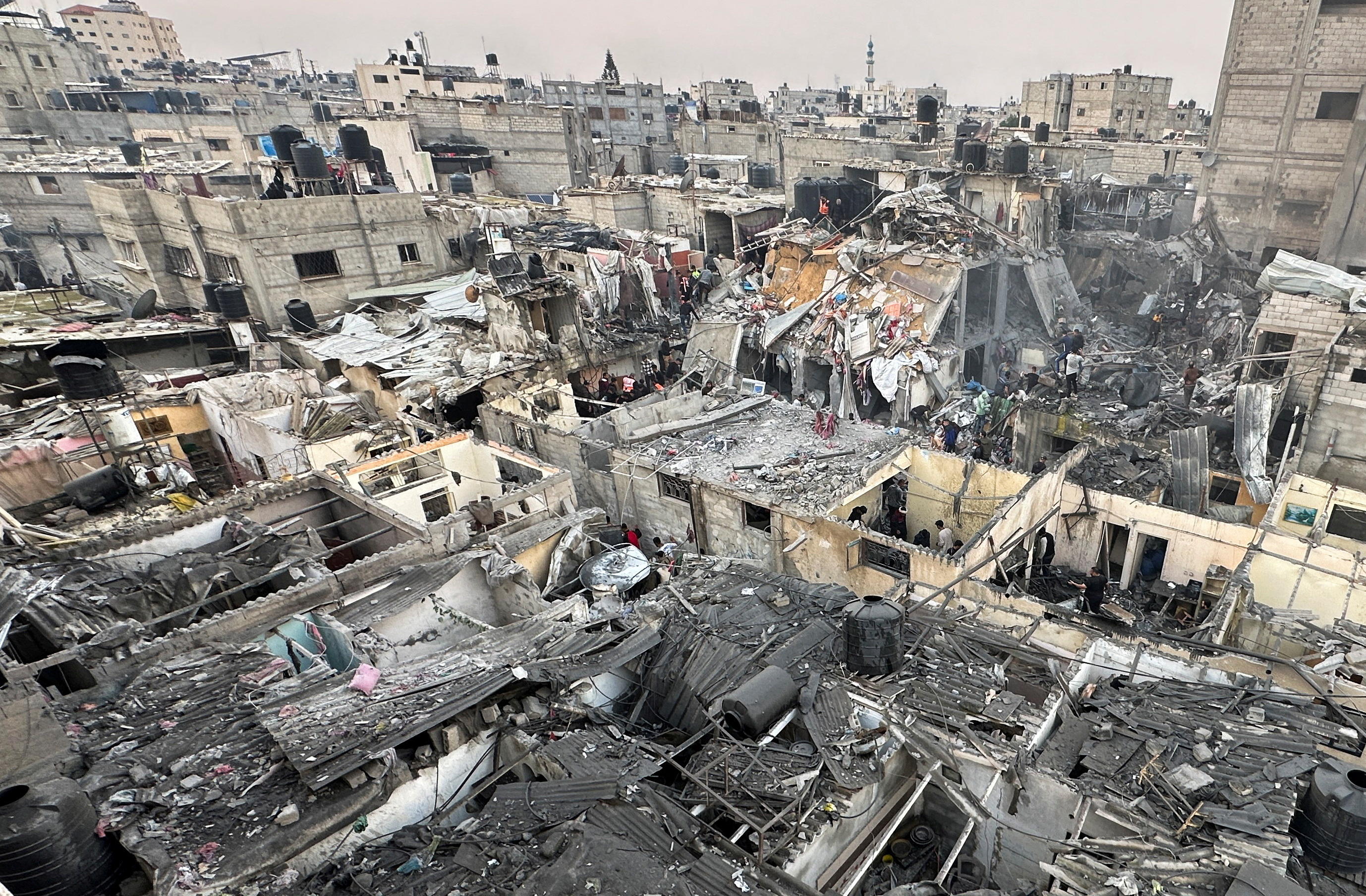 An aerial view of the damage and rubble after an Israeli air strike on houses in southern Gaza.