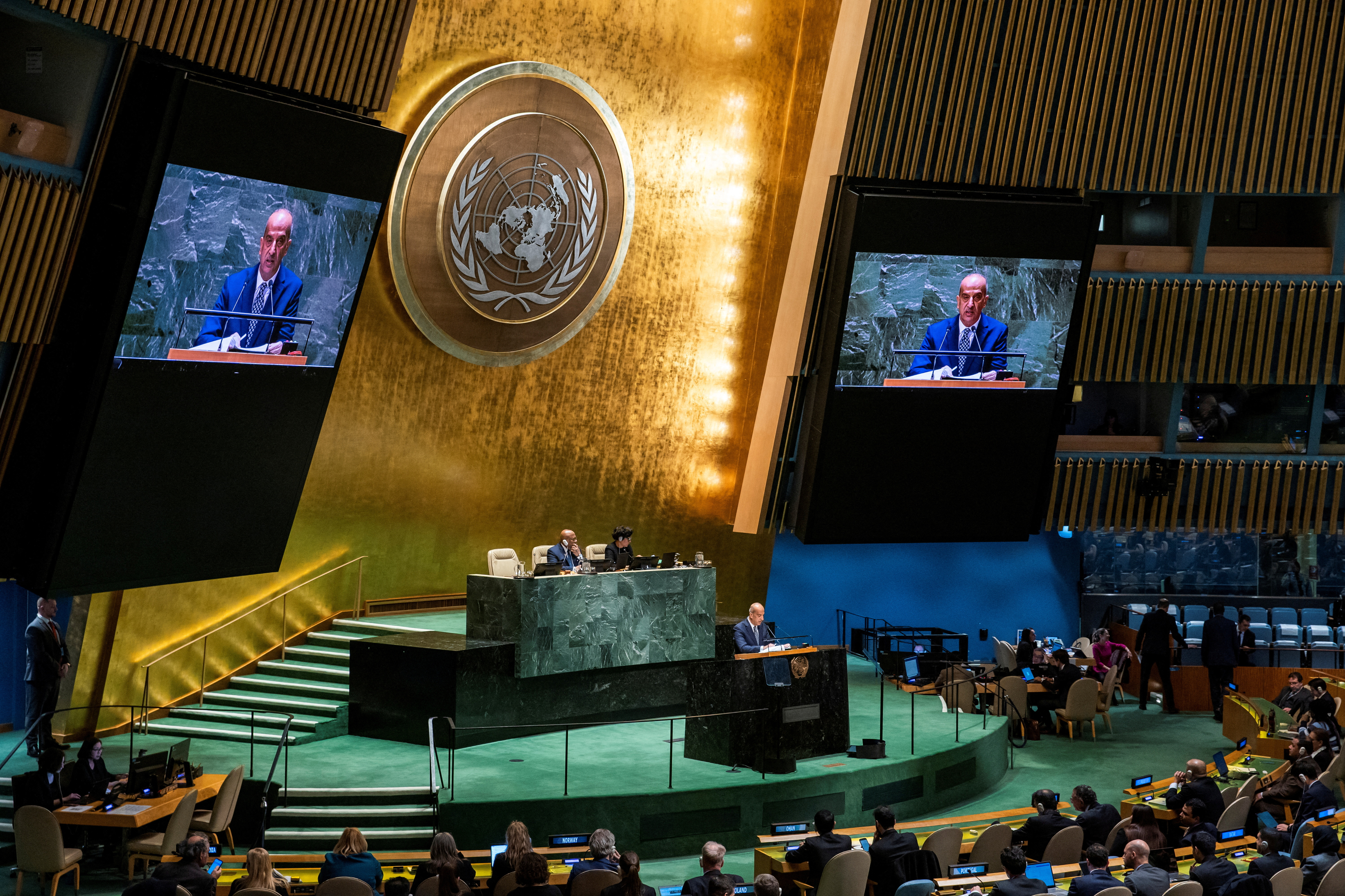 Egyptian Ambassador to the United Nations Osama Abdelkhalek speaks to delegates during the United Nations General Assembly, where a vote on a ceasefire resolution is expected, amid the ongoing conflict between Israel and the Palestinian Islamist group Hamas, in New York City, US, December 12, 2023