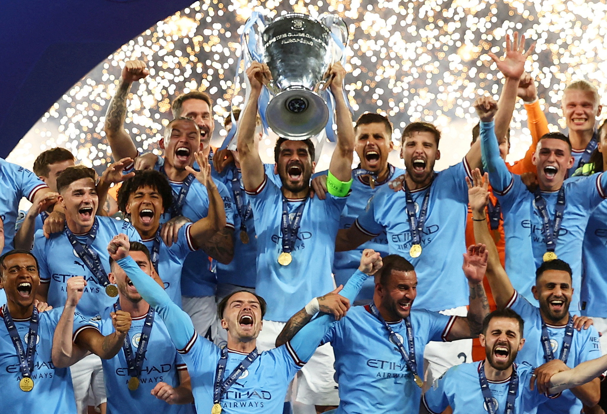 Manchester City celebrate winning the Champions League