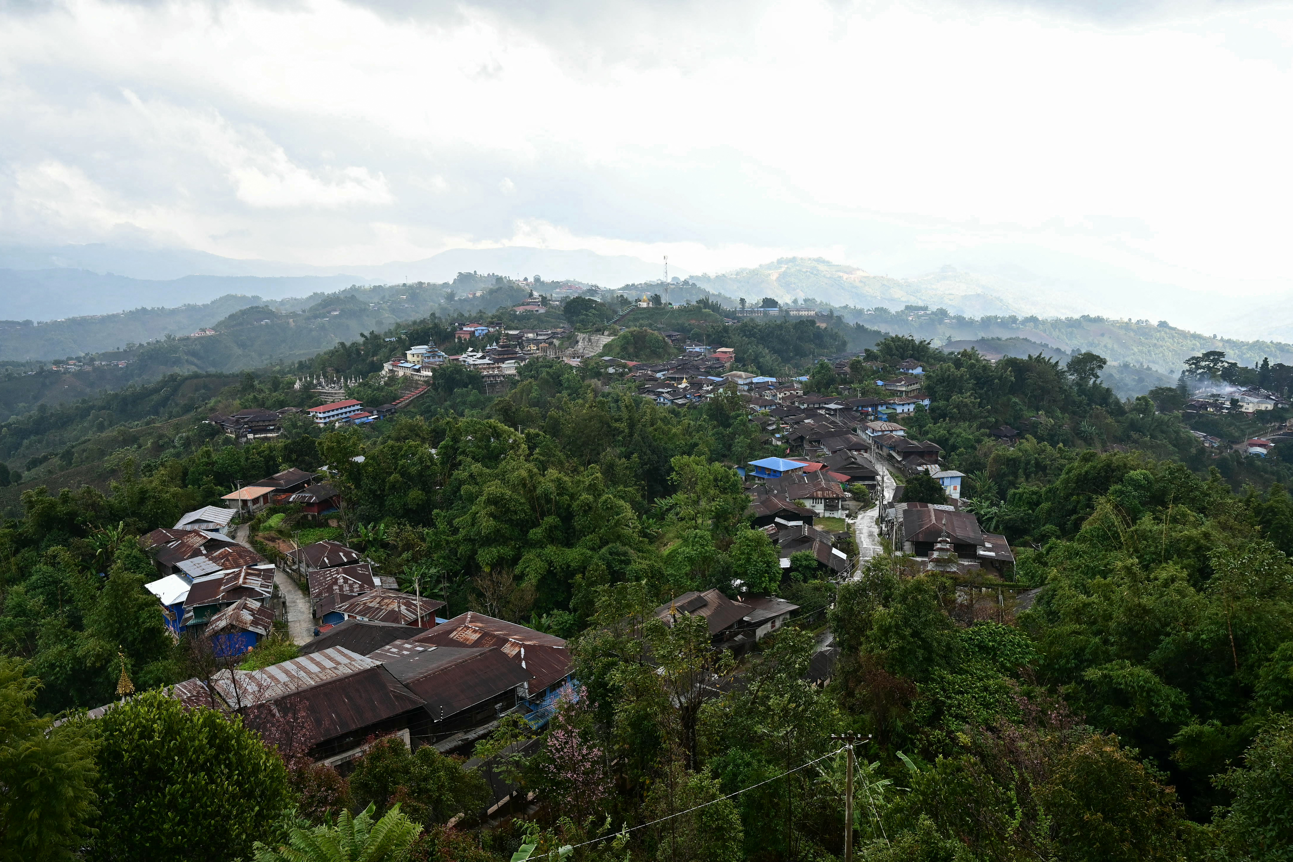 This photo taken on December 13, 2023 shows a general view of Namhsan Township during clashes between ethnic minority armed group Ta'ang National Liberation Army (TNLA) and Myanmar's military in northern Shan State.