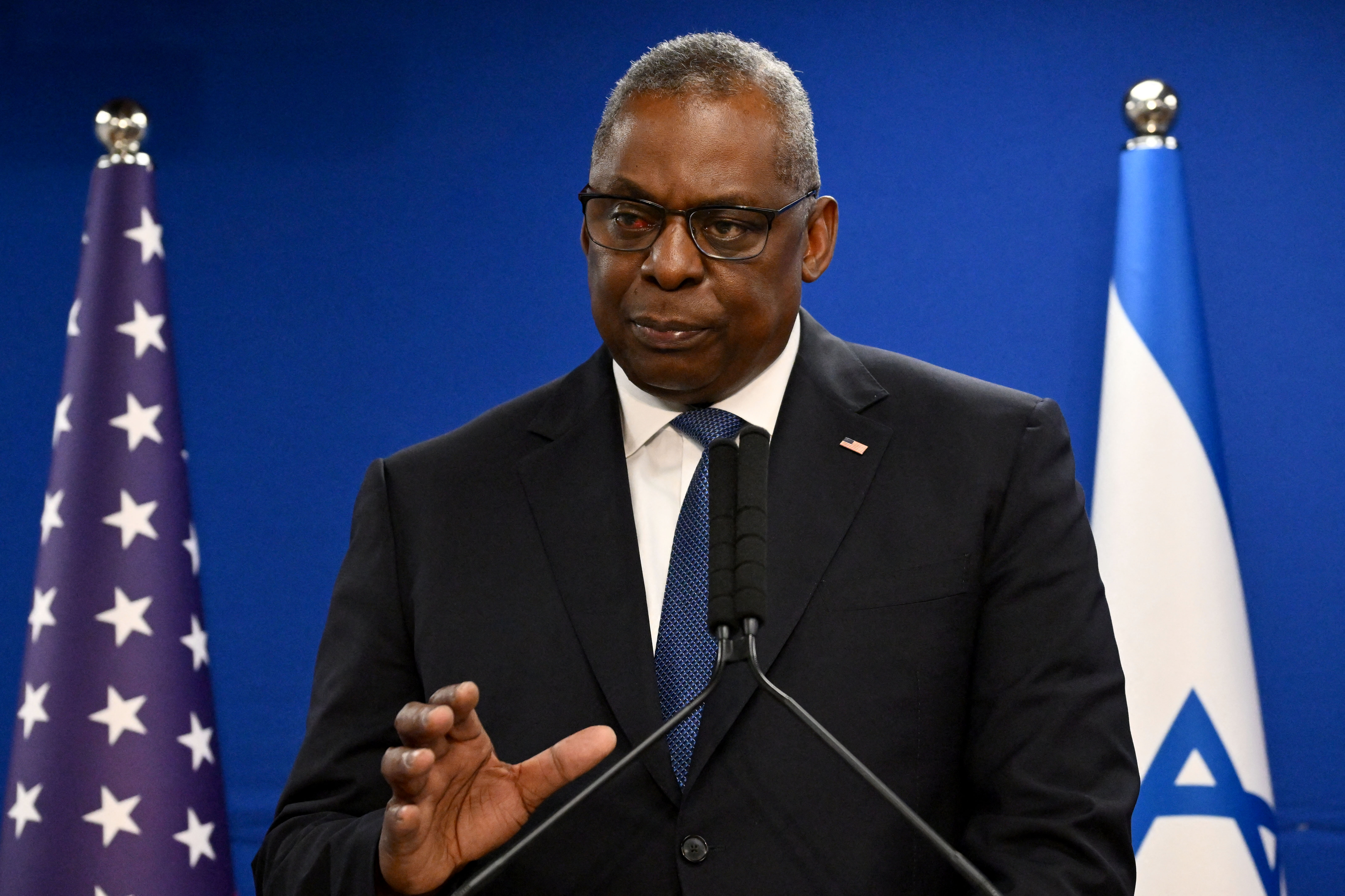 US Secretary of Defence Lloyd Austin speaks during a joint press conference with Israel's defence minister