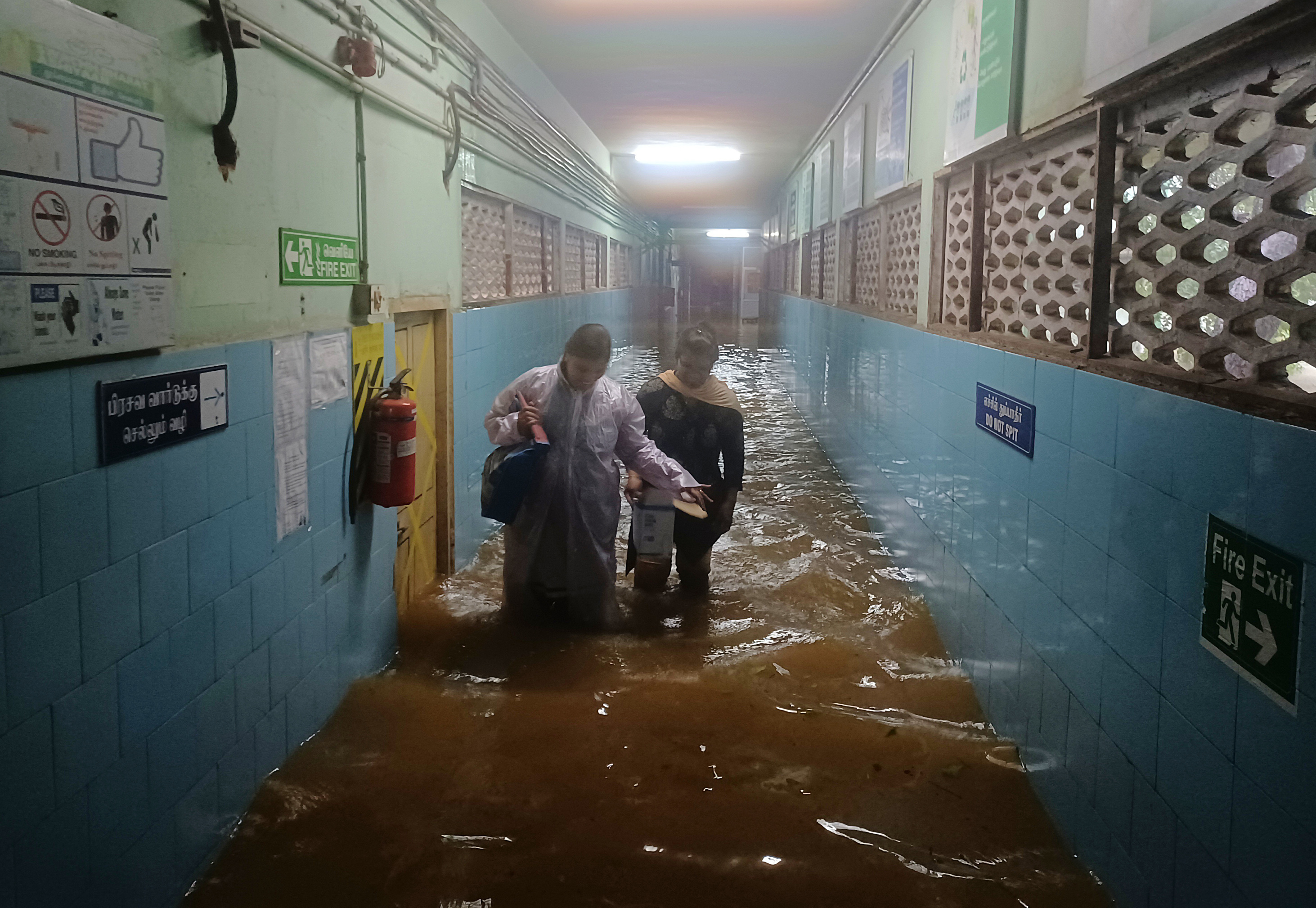 The Tambaram Government Hospital is flooded following heavy rains along the Bay of Bengal coast in Chennai, India, Monday, Dec.4