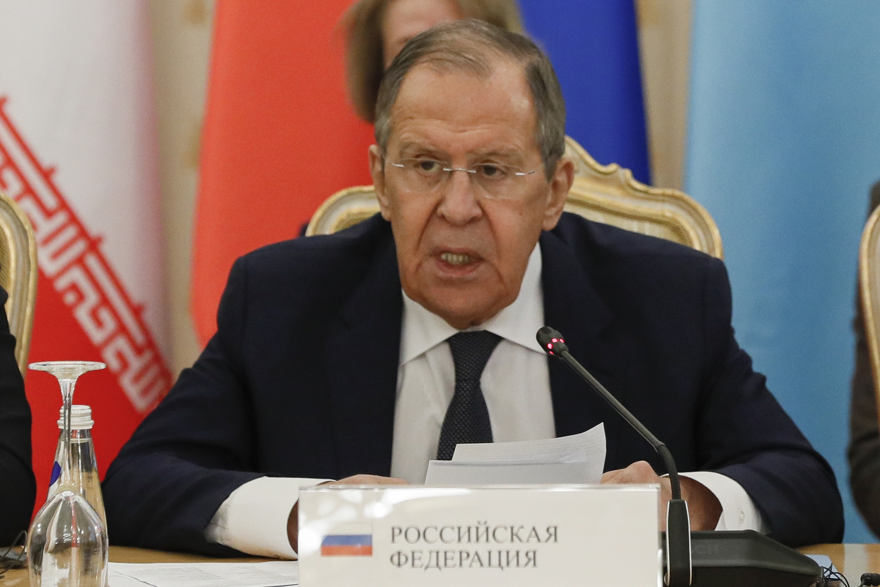 Russian Foreign minister Sergey Lavrov speaks at the annual meeting of the Caspian Sea littoral states foreign ministers in Moscow, Russia, Tuesday, Dec. 5