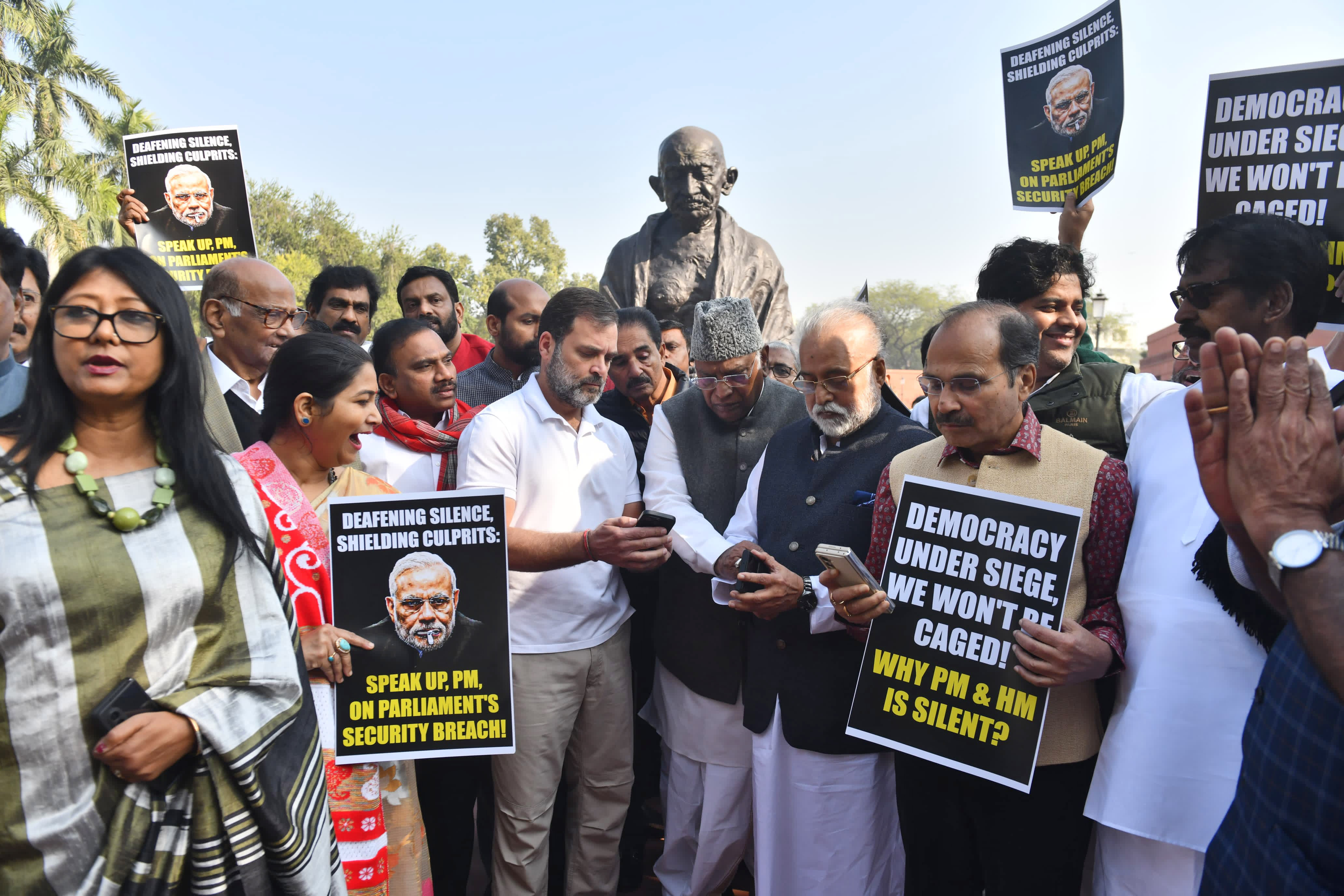 Congress party leader Rahul Gandhi, center, join other lawmakers in a protest against the suspension of lawmakers, in New Delhi, India, Tuesday, Dec. 19, 2023.