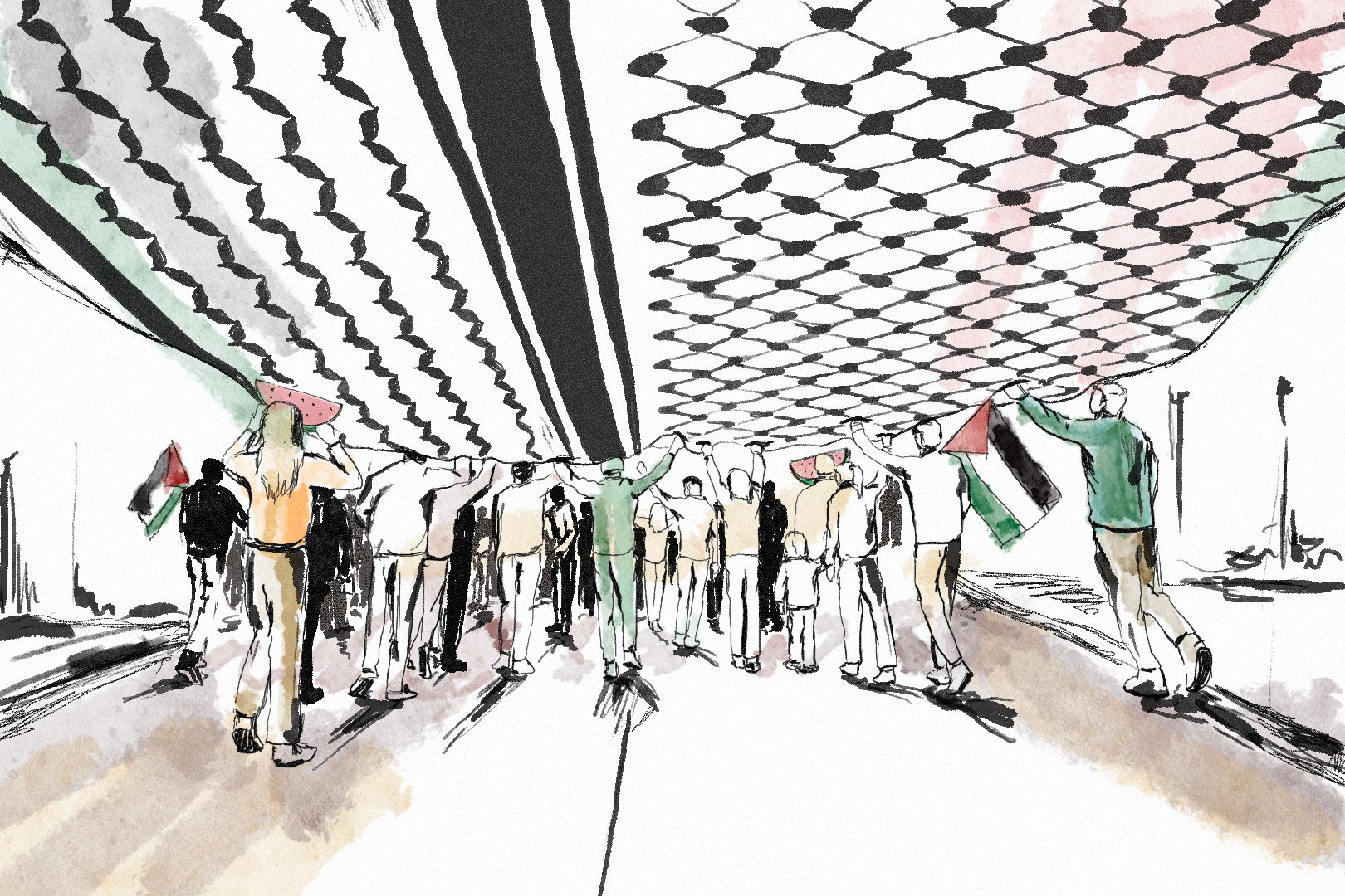 An illustration showing a flag with the patter of a kuffiyeh held by people marching