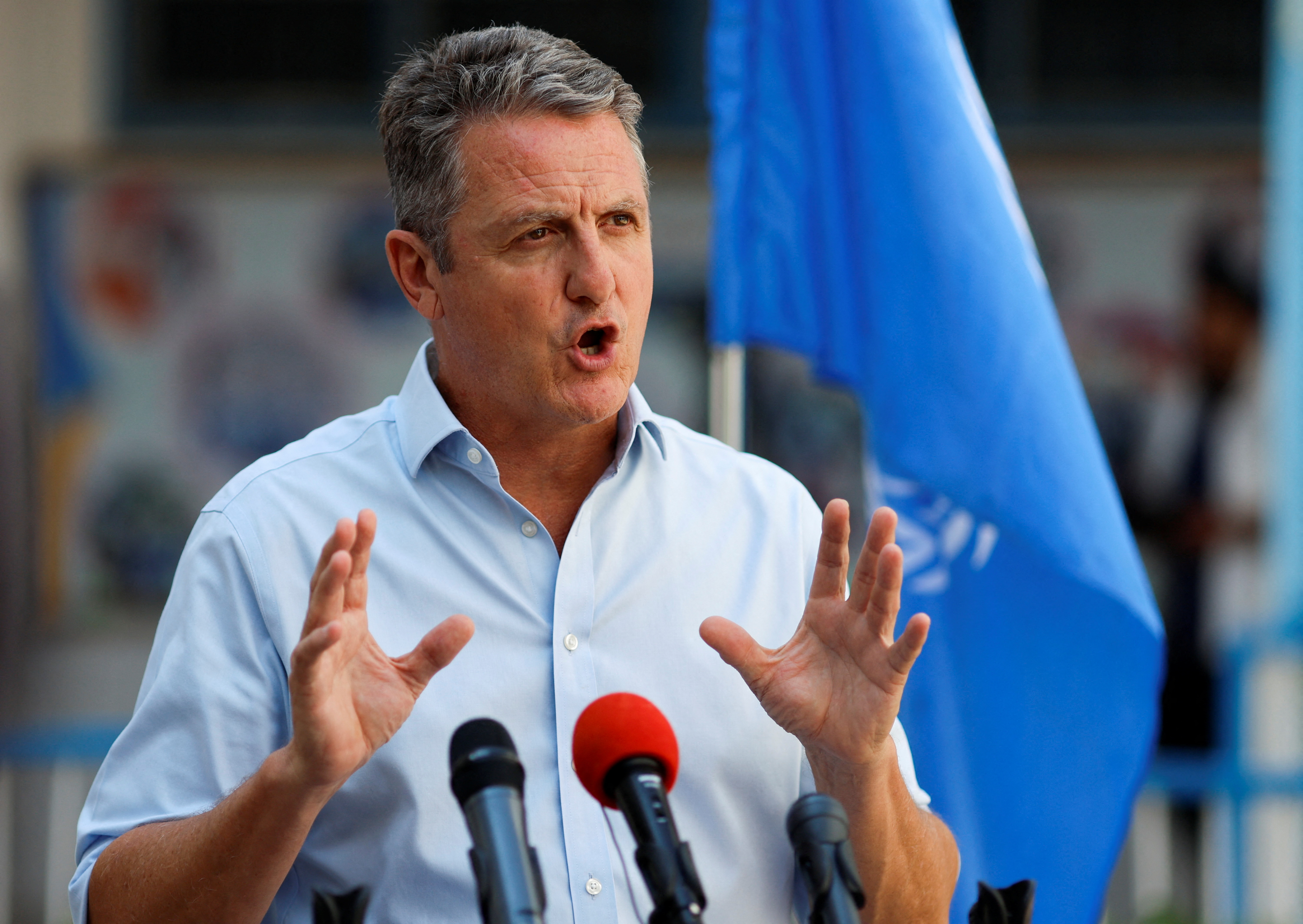 Thomas White, Gaza director of United Nations Relief and Works Agency for Palestine Refugees (UNRWA) Affairs attends a press conference in a United Nations' school in Gaza City, August 27, 2023. REUTERS/Mohammed Salem