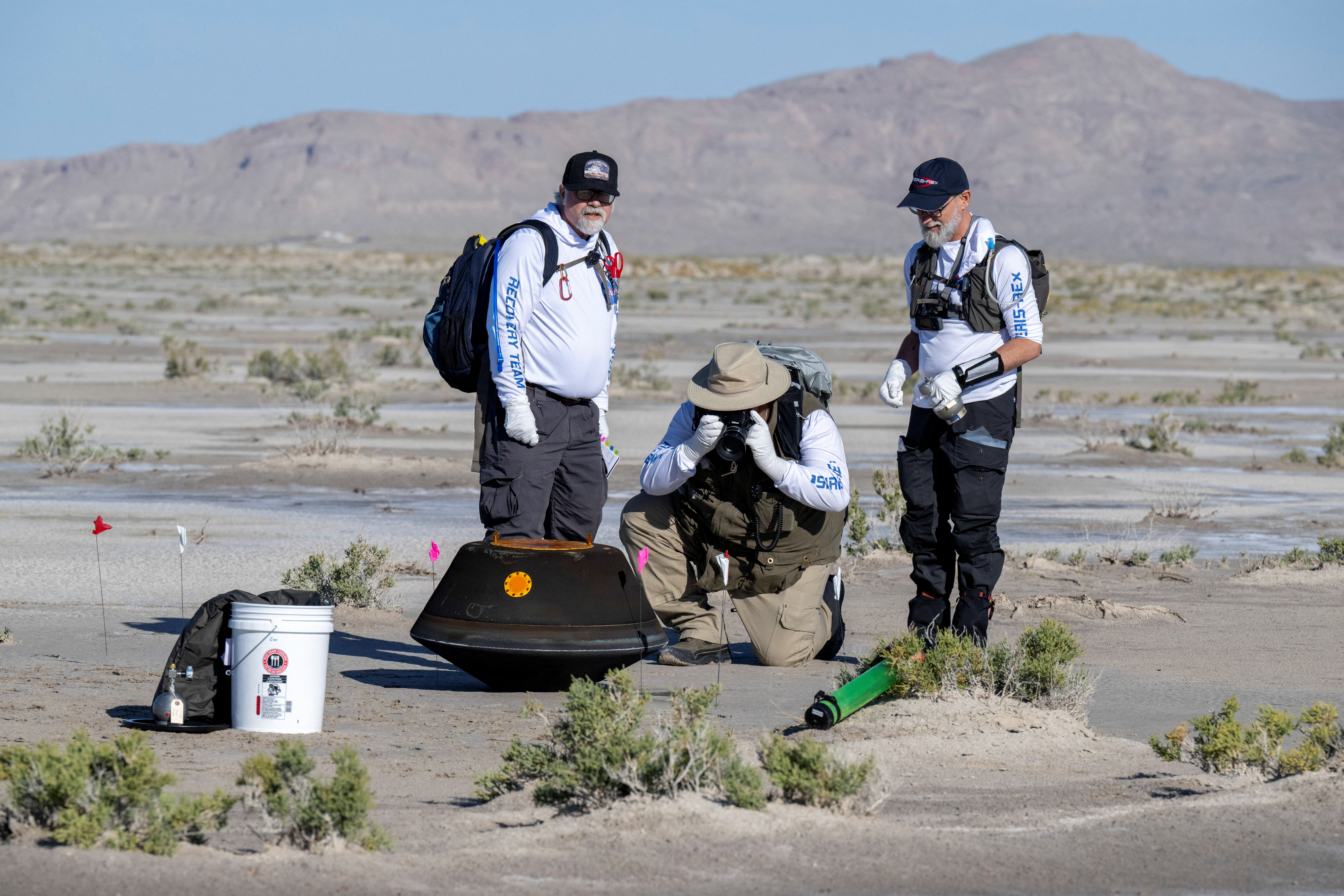 The return capsule containing a sample collected from the asteroid Bennu in October 2020 by NASA’s OSIRIS-REx spacecraft is seen shortly after touching down in the desert at the Department of Defense's Utah Test and Training Range in Dugway, Utah, U.S. September 24, 2023