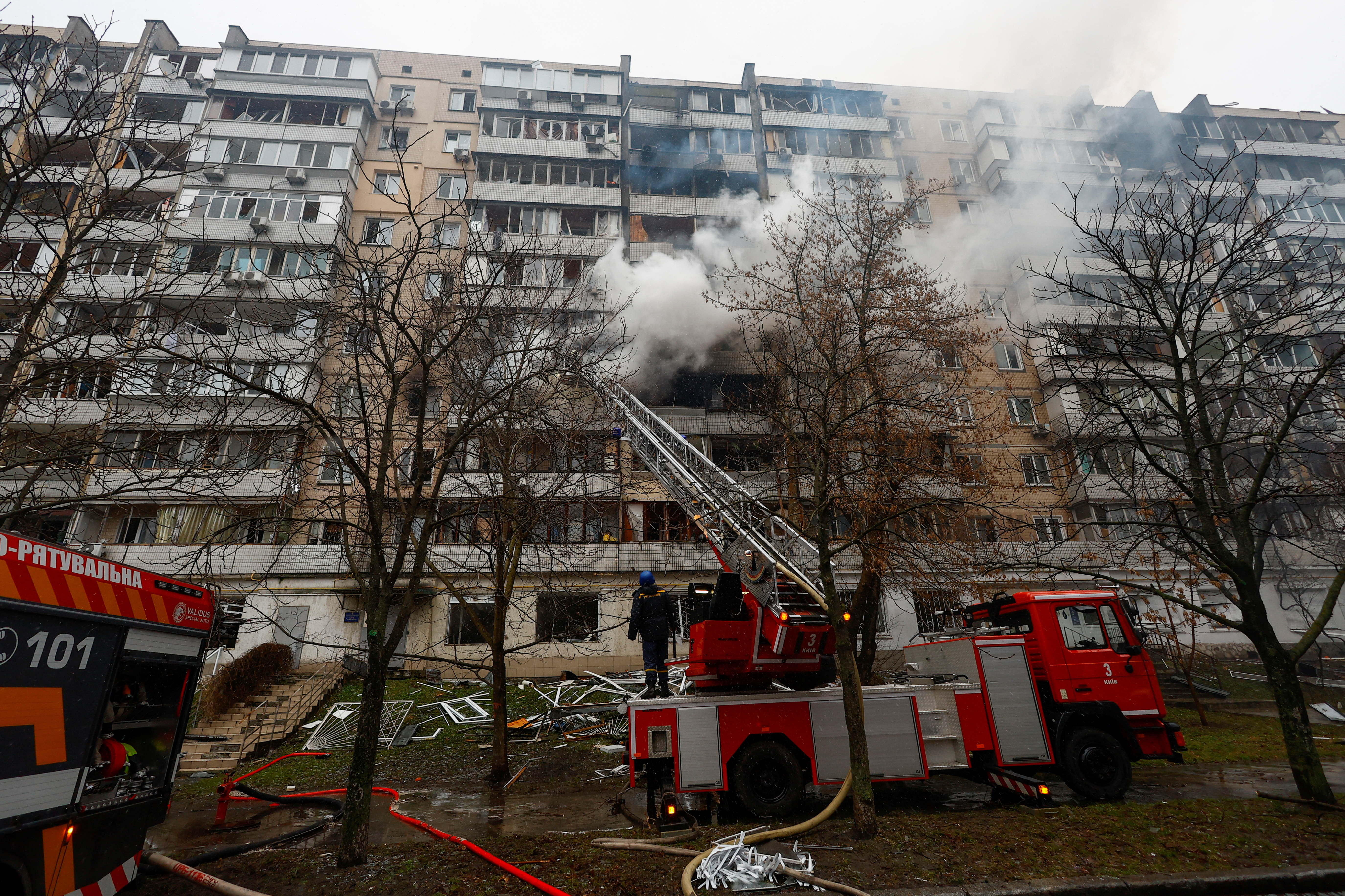 A view of a site of a residential building heavily damaged during a Russian missile attack, amid Russia's attack on Ukraine, in Kyiv, Ukraine