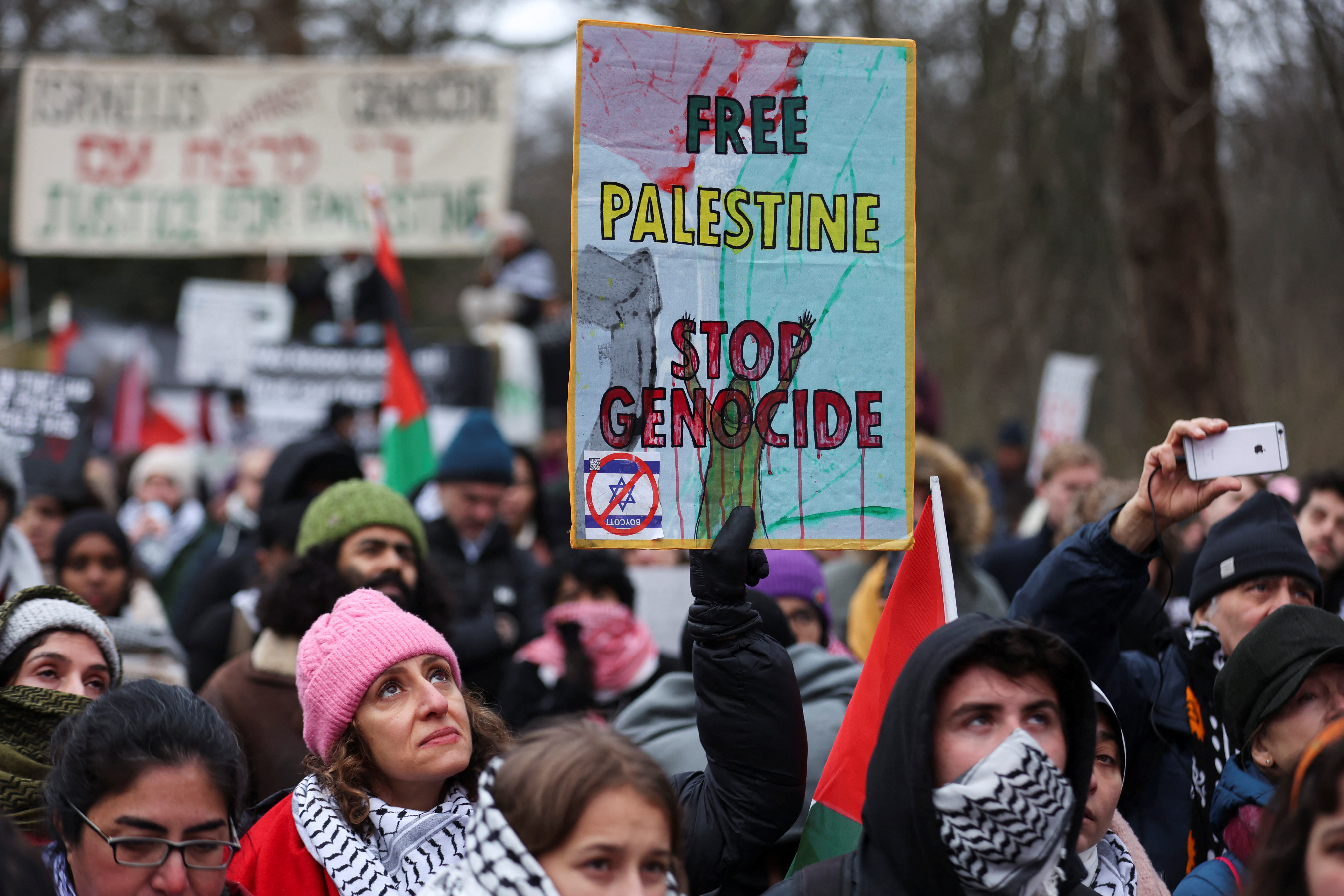 Pro-Palestinian demonstrators hold Palestinian flags as they protest near the International Court of Justice (ICJ