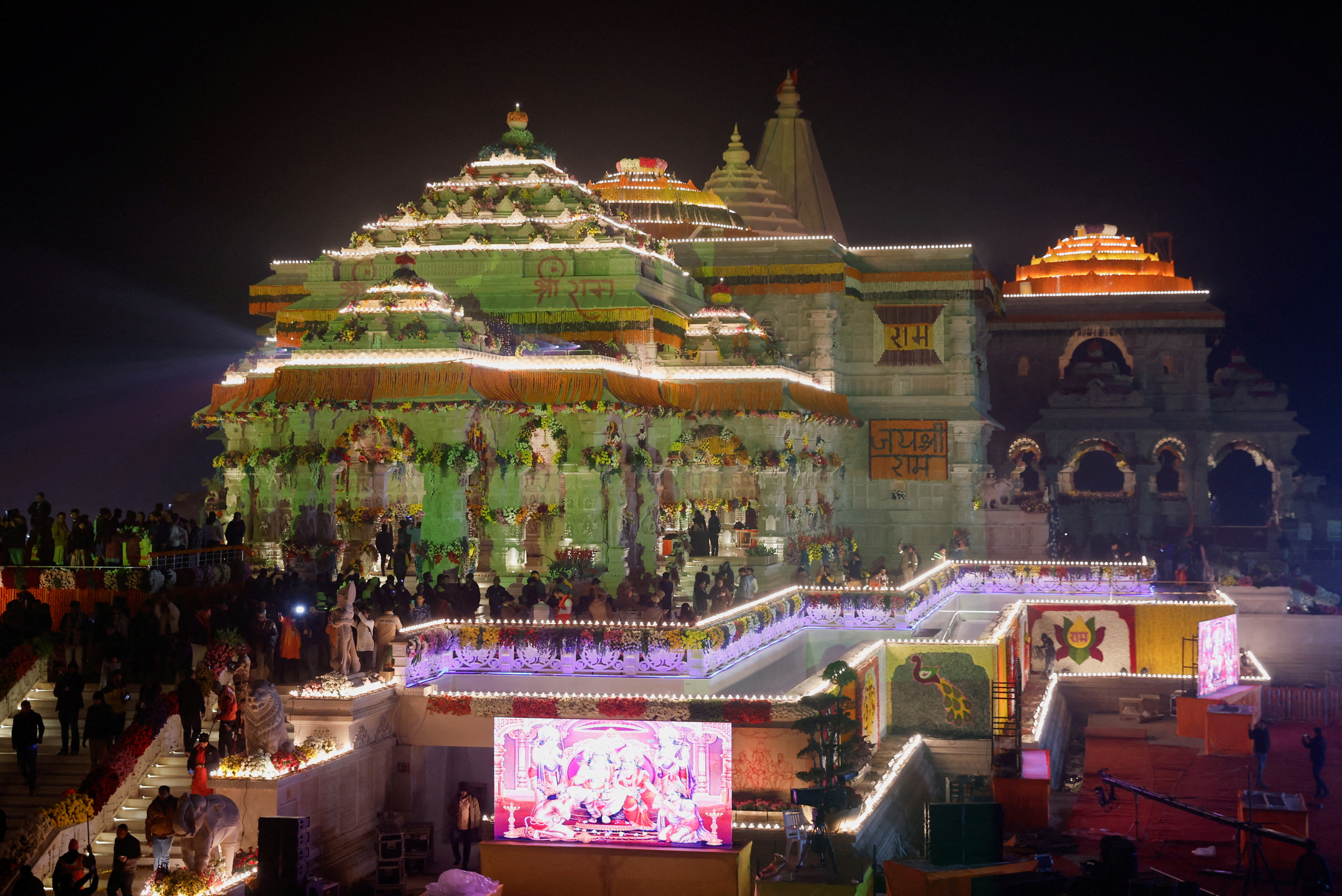 Hindu devotees gather near the Lord Ram temple after its inauguration, in Ayodhya, India, January 22, 2024