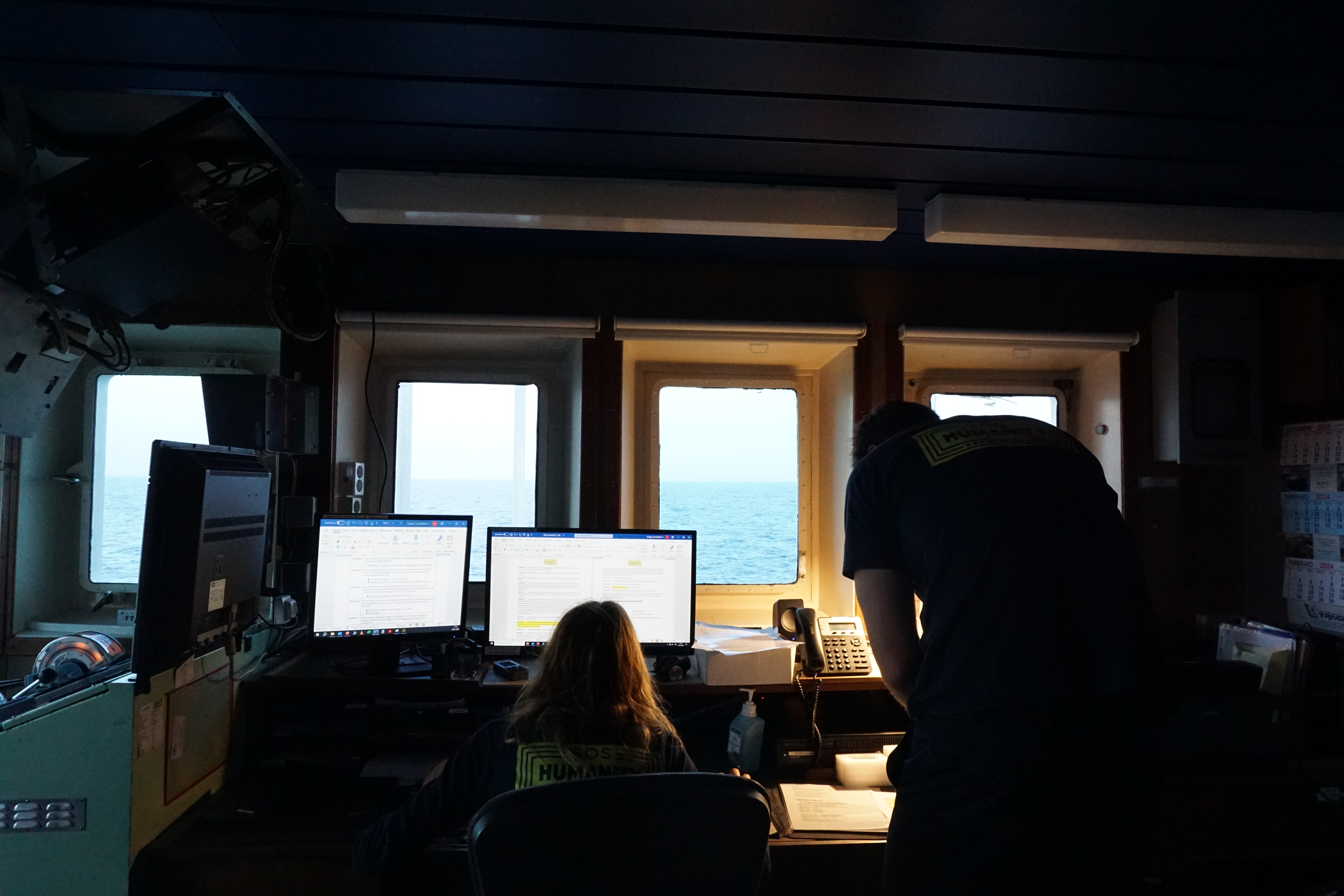 Control room of the ship, looking out to sea