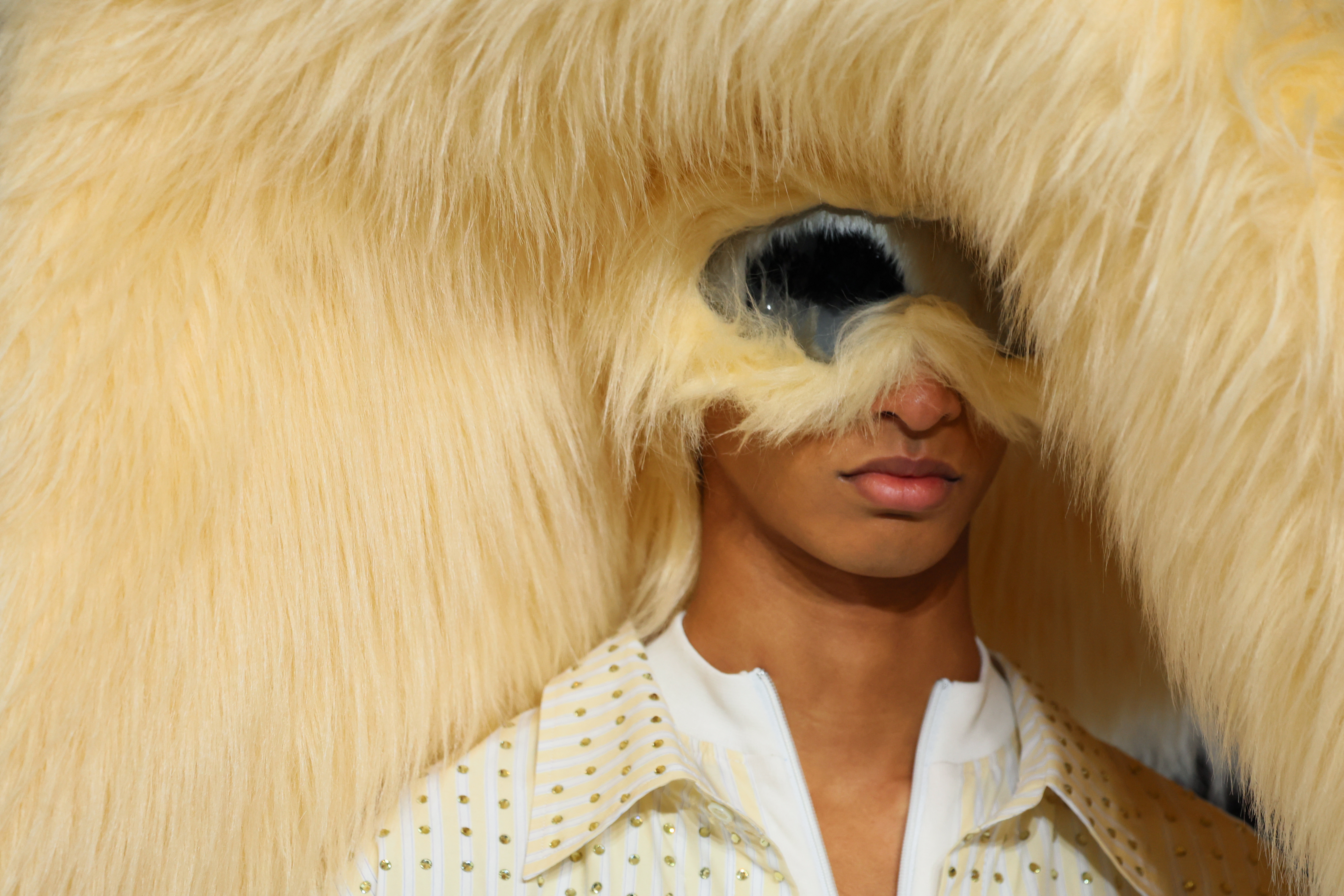 A model presents a creation by Bluemarble for the Menswear Ready-to-wear Fall-Winter 2024/2025 collection as part of the Paris Fashion Week, in Paris on January 17