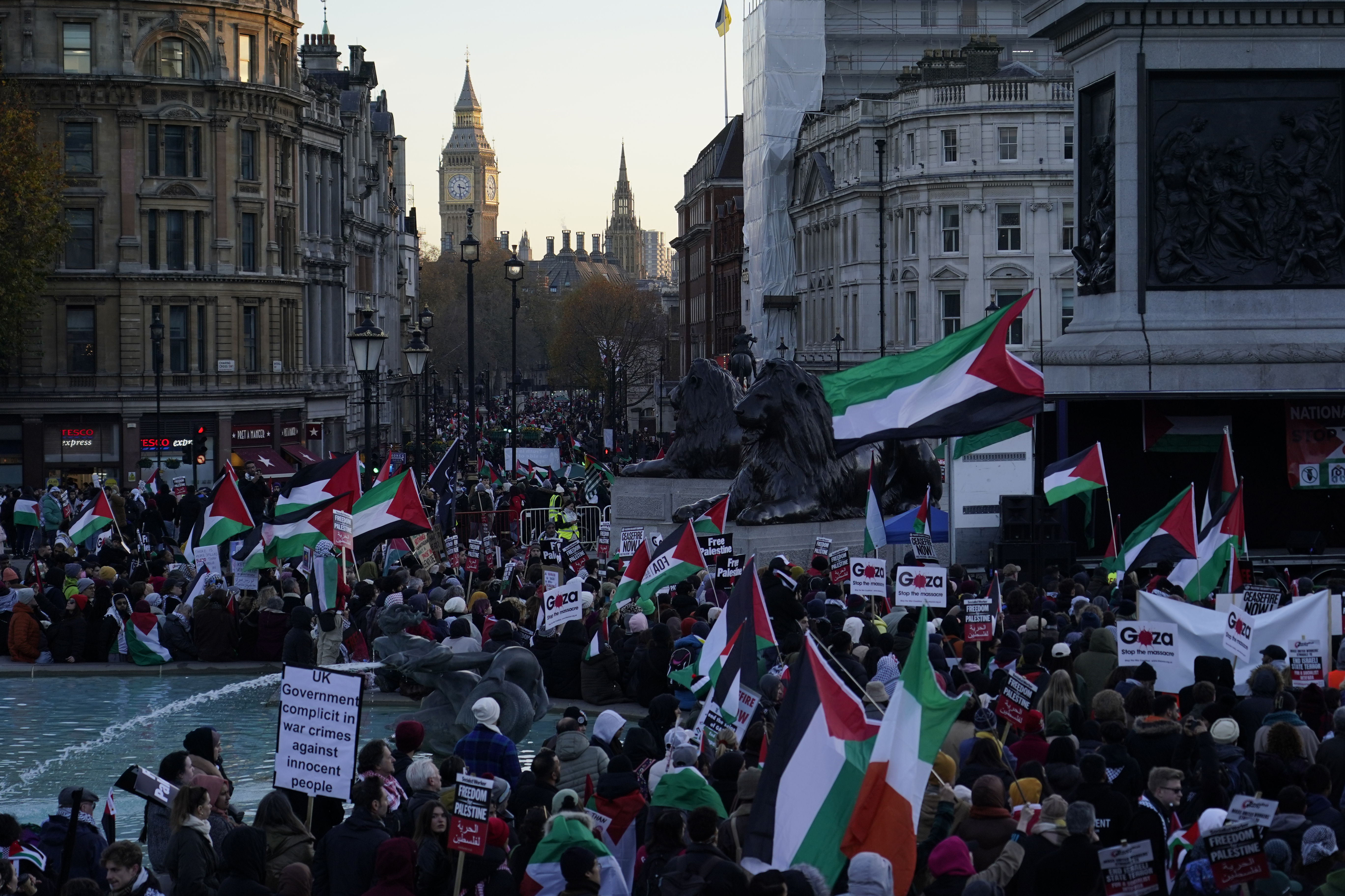 Protester hold flags and placards as they take part in a pro-Palestinian demonstration in Trafalgar Square in London