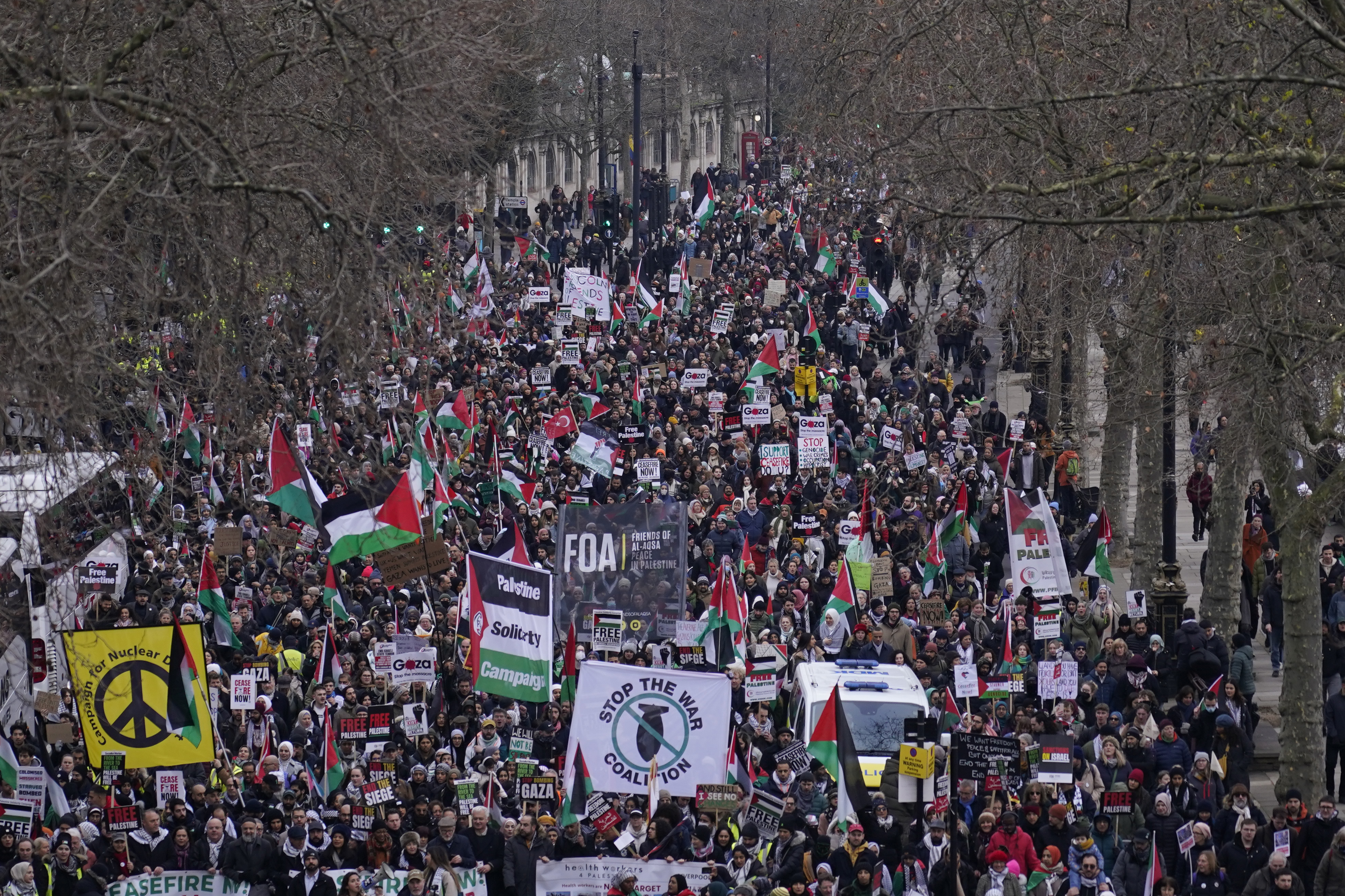 Protesters hold up banners, flags and placards during a demonstration in support of Palestinian people in Gaza, in London, Saturday