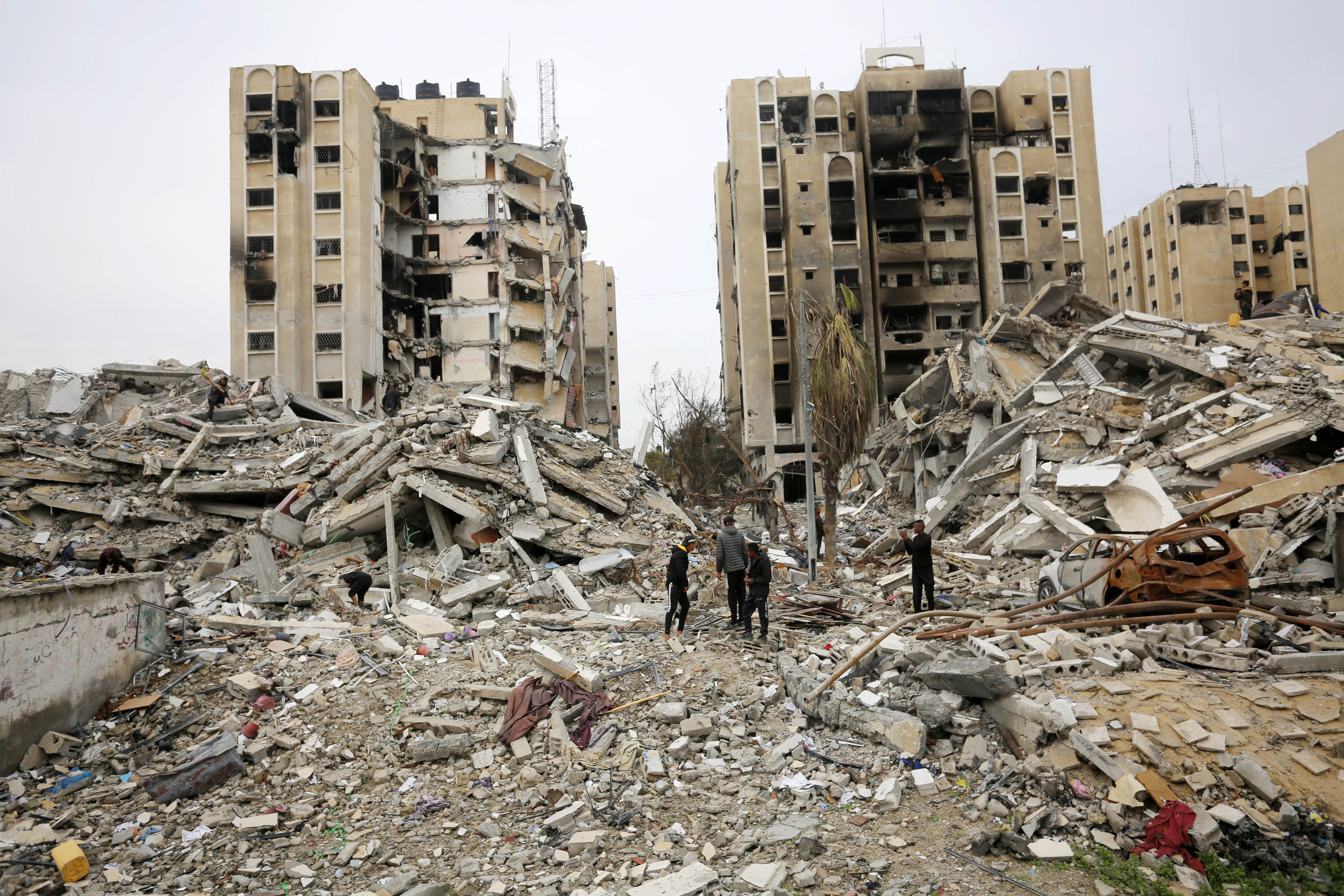 A view of the destroyed Ayin Calut apartment as the Palestinians search for their belongings under the rubble at the Nasirat Refugee Camp after Israeli forces withdrew