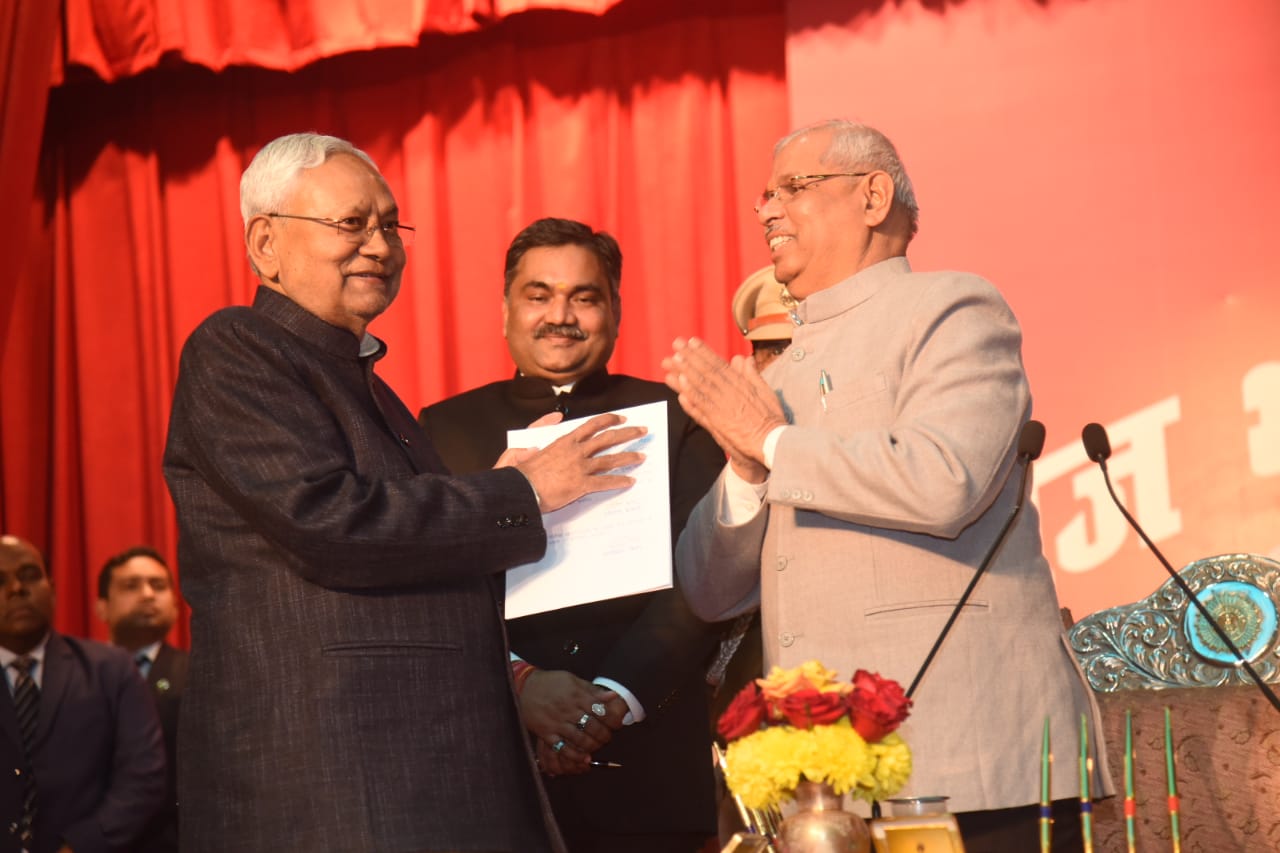 Nitish Kumar, chief minister of Bihar state, being sworn in for the ninth time