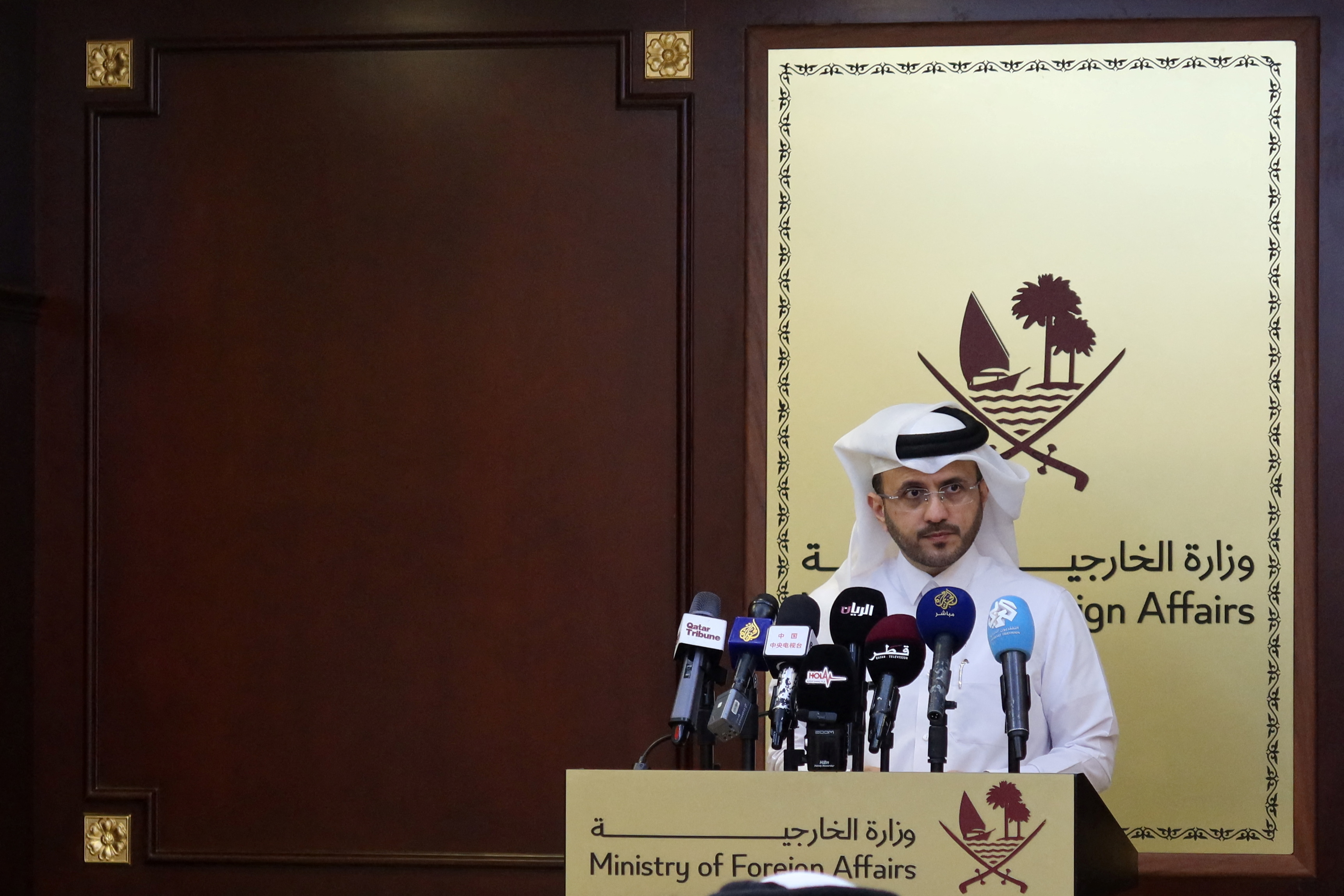 Majed Al-Ansari, Qatar's foreign ministry spokesperson, holds a weekly briefing at the ministry in Doha, Qatar November 28, 2023. REUTERS/Imad Creidi