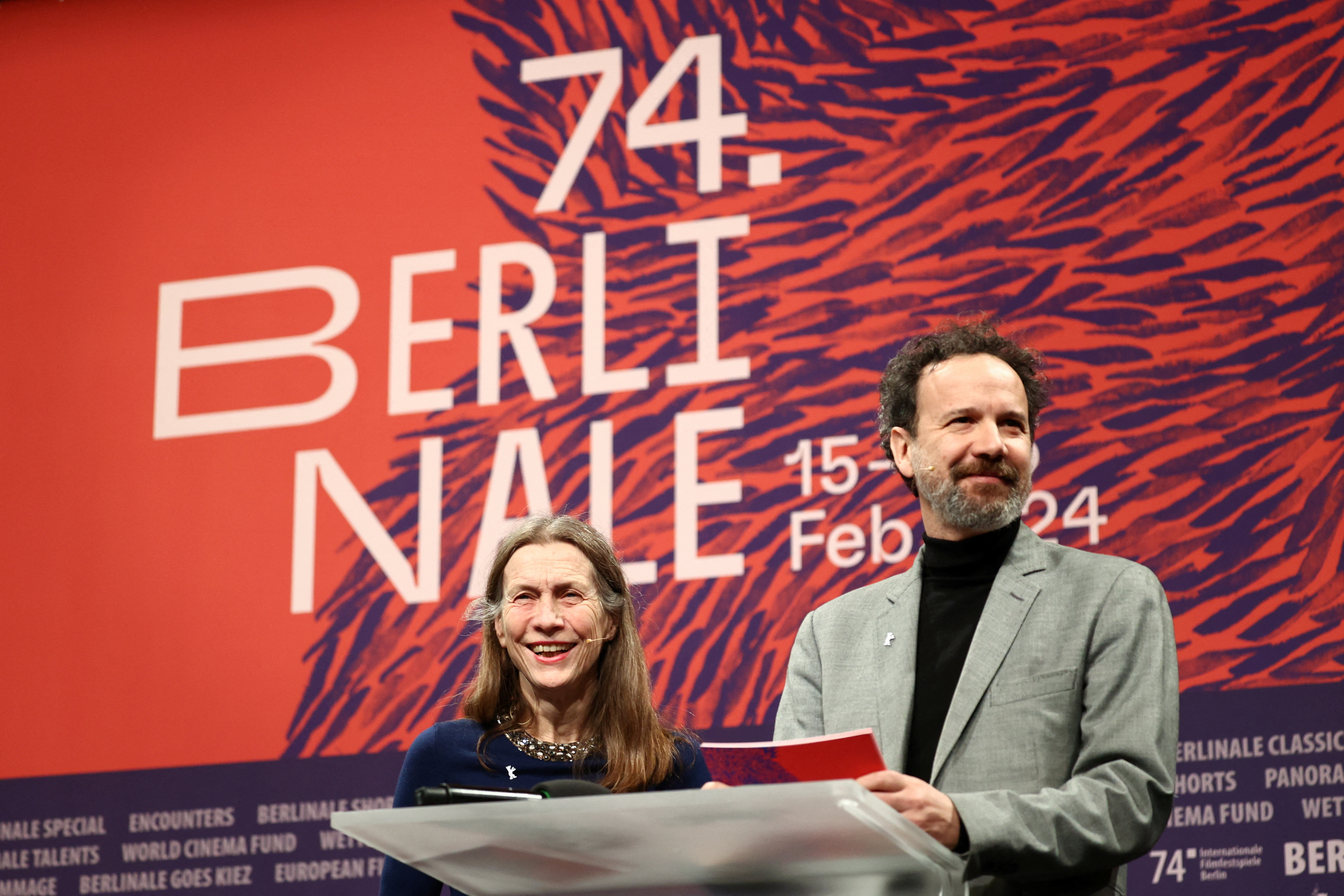 Executive Director of the Berlin International Film Festival Mariette Rissenbeek and Artistic Director of the Berlin International Film Festival Carlo Chatrian hold a press conference ahead of the 74th Berlinale International Film Festival in Berlin, Germany, January 22, 2024. REUTERS/Liesa Johannssen
