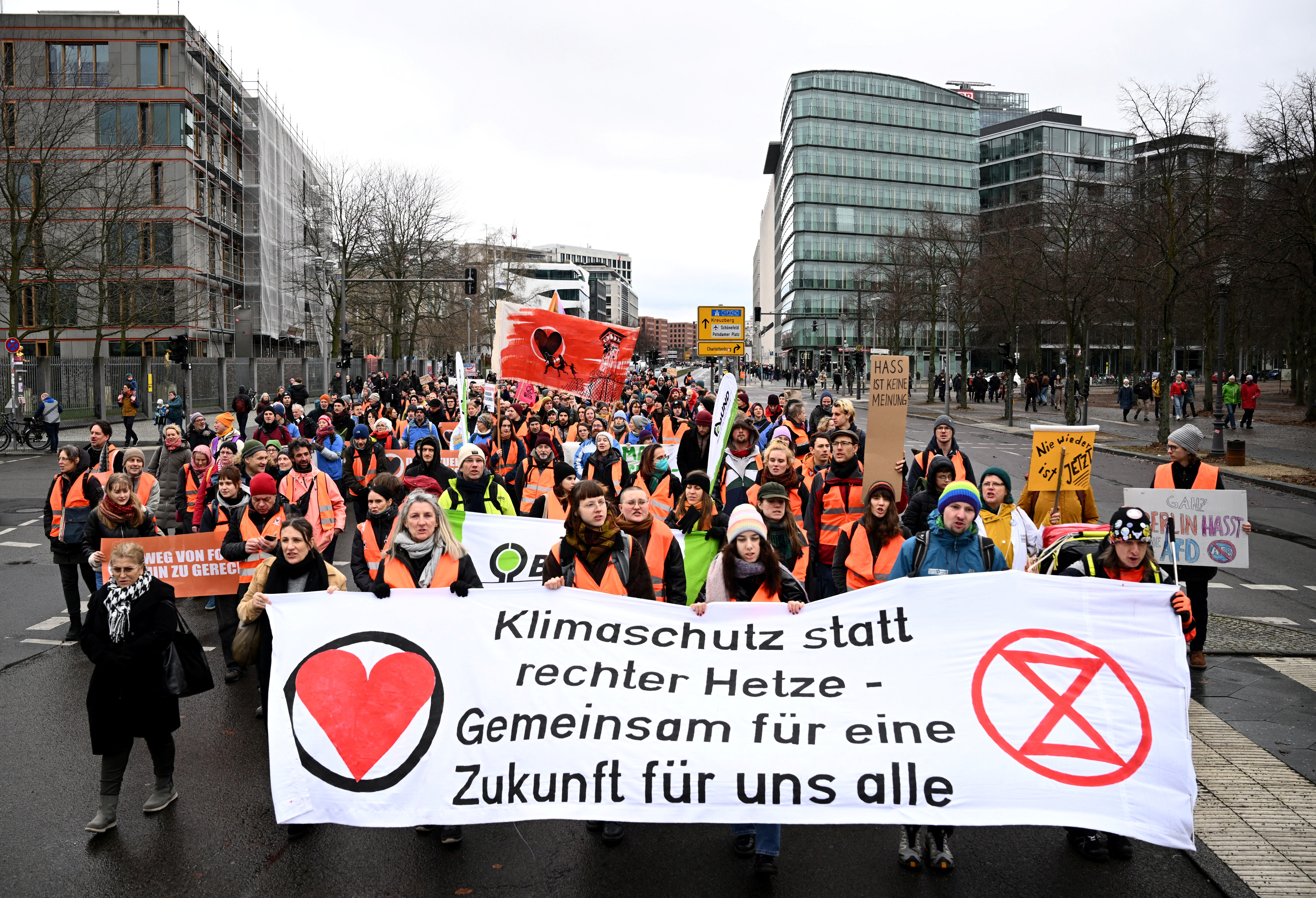 People attend a demonstration march to protest against right-wing extremism and for the protection of democracy in Berlin, Germany February 3