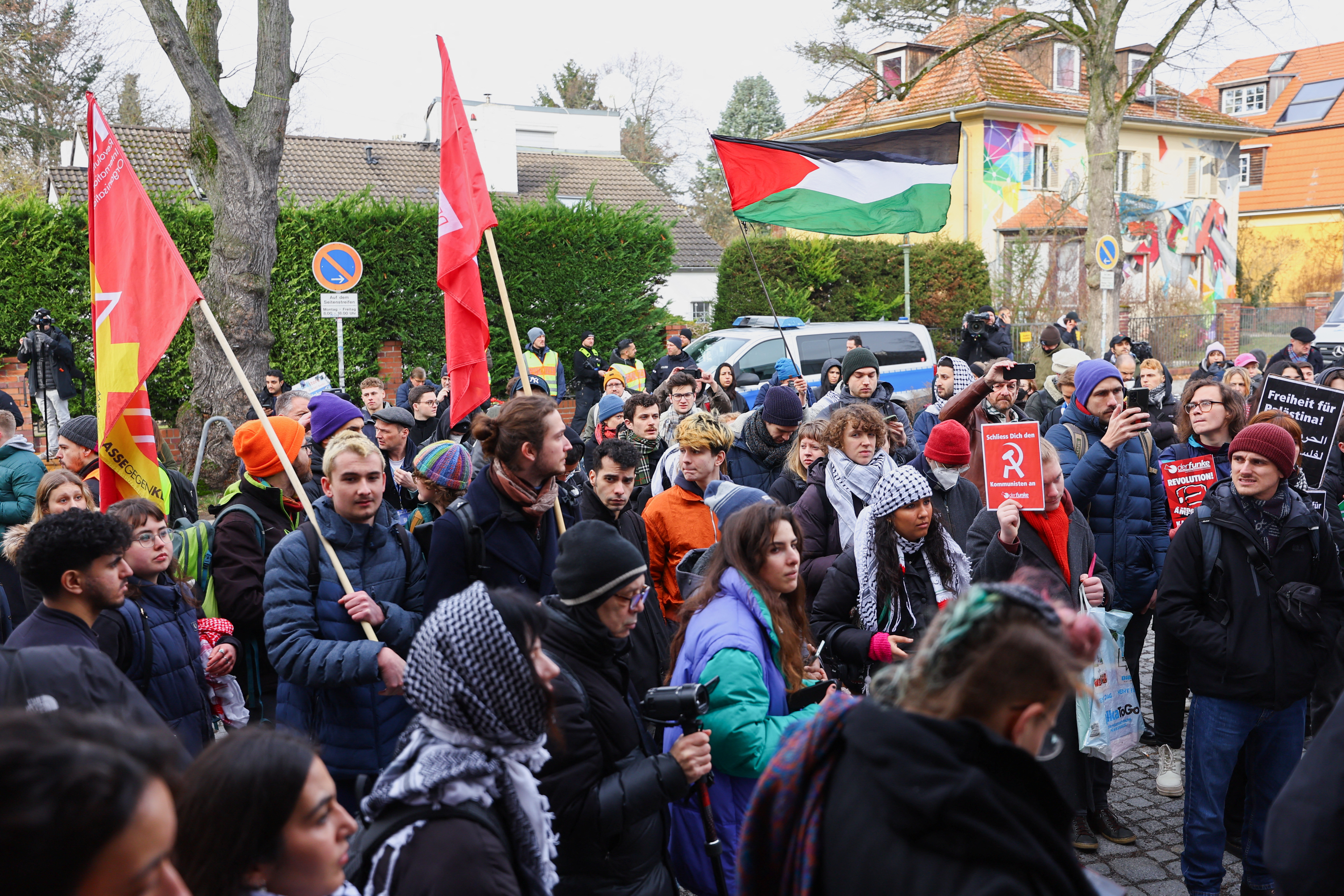 Students and activists hold a protest in support of Palestinians in Gaza, amid the ongoing conflict between Israel and the Palestinian Islamist group Hamas, at the Free University of Berlin, Germany, February 8, 2024. REUTERS/Fabrizio Bensch