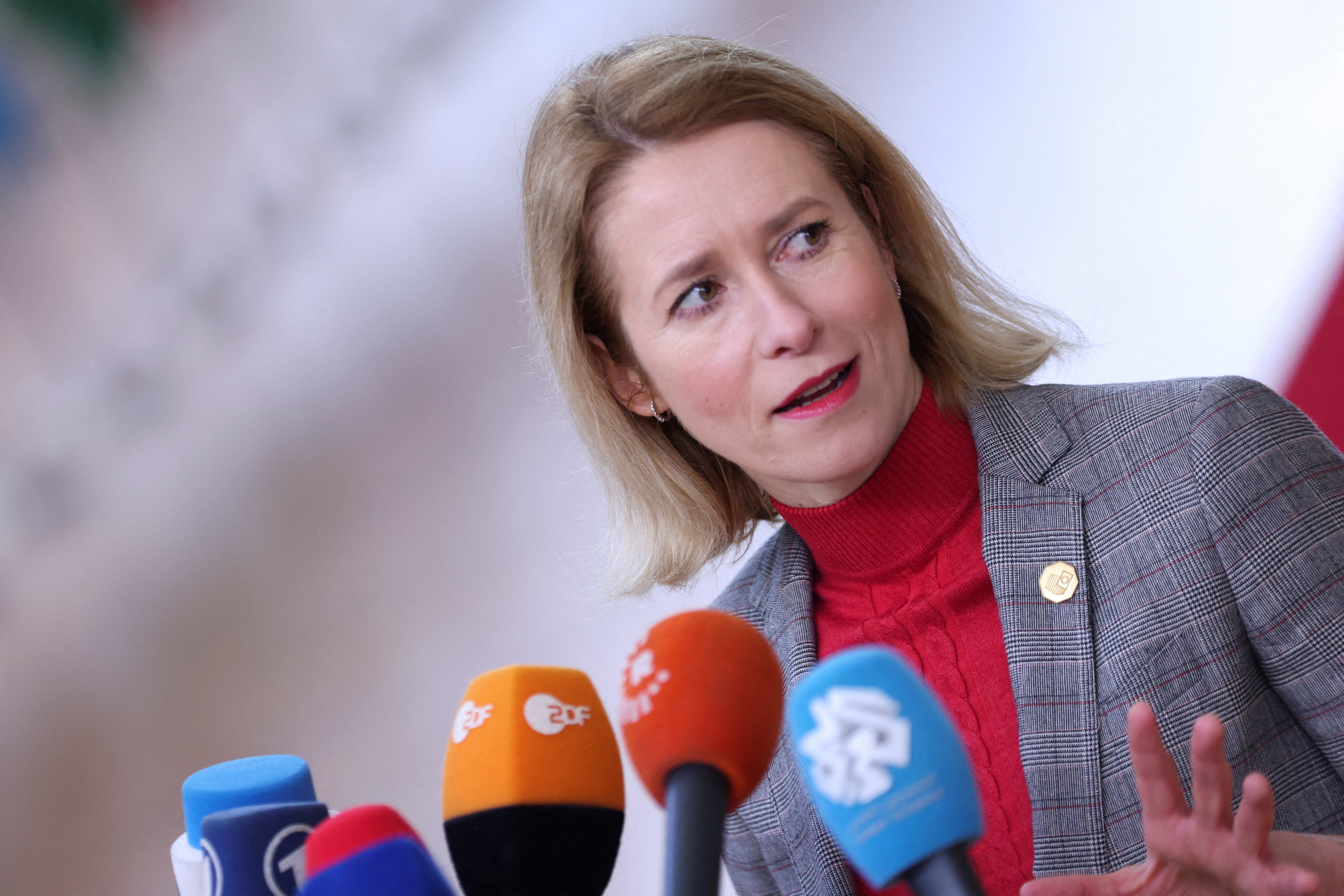 Estonian Prime Minister Kaja Kallas speaks to the press as she attends a European Union summit in Brussels, Belgium February 1, 2024