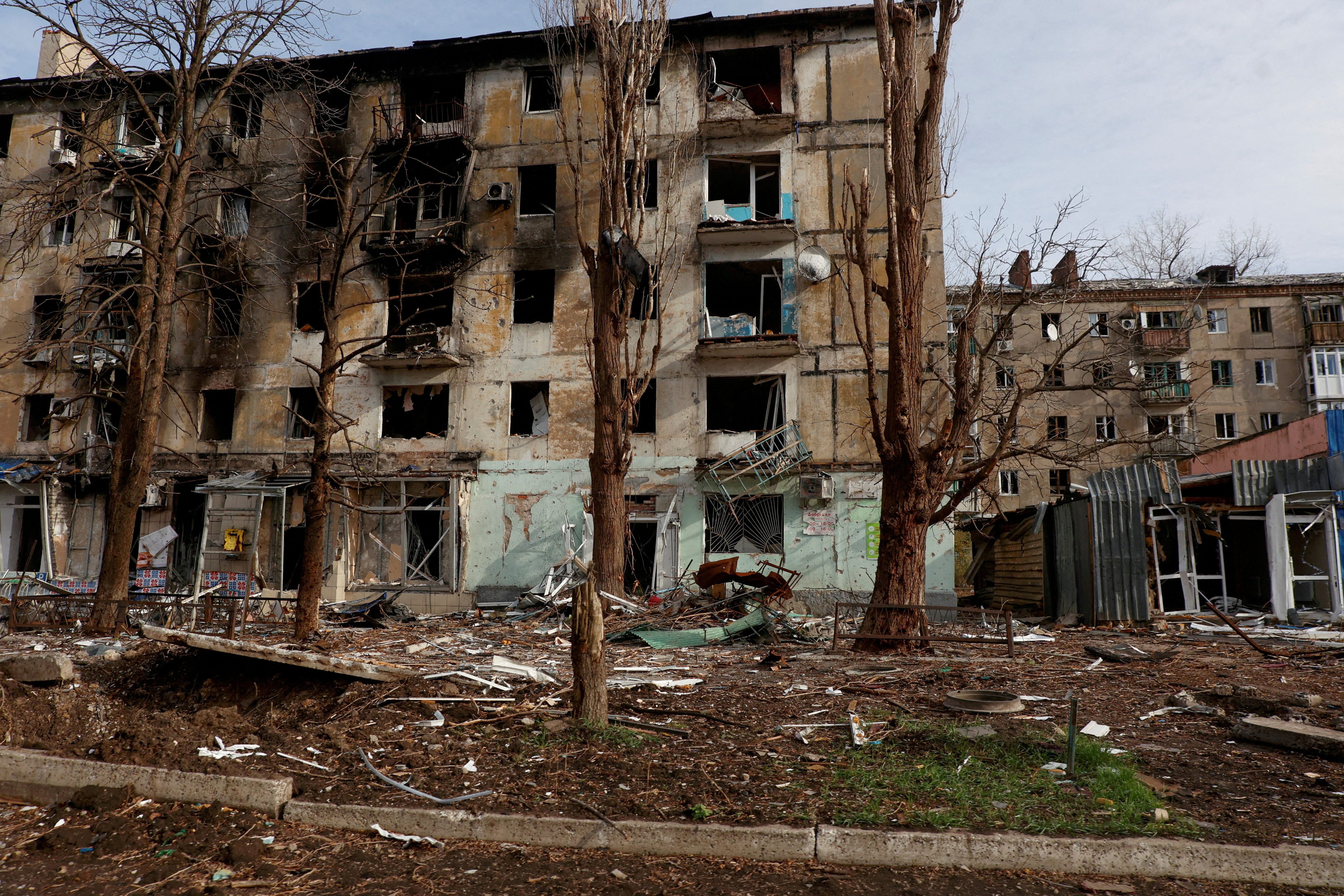 FILE PHOTO: A view shows residential buildings heavily damaged by permanent Russian military strikes in the front line town of Avdiivka, amid Russia's attack on Ukraine, in Donetsk region, Ukraine November 8, 2023. Radio Free Europe/Radio Liberty/Serhii Nuzhnenko via REUTERS/File Photo