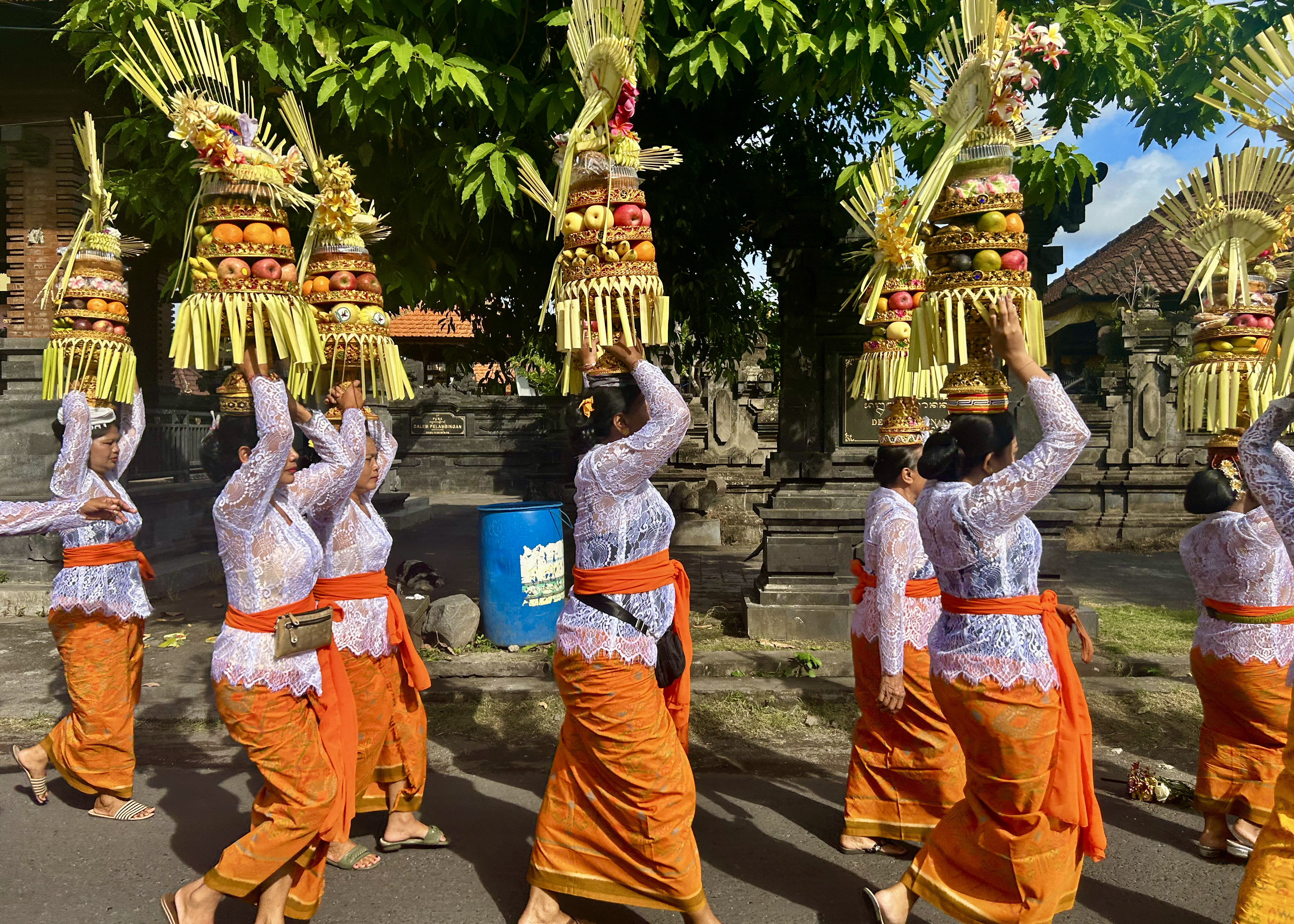 Women in traditional clothing walk along the street in a ceremony. They are balancing offerings of fruit and flowers shaped into a tower.on their heads. They are wearing white lace tops and orange sarons.
