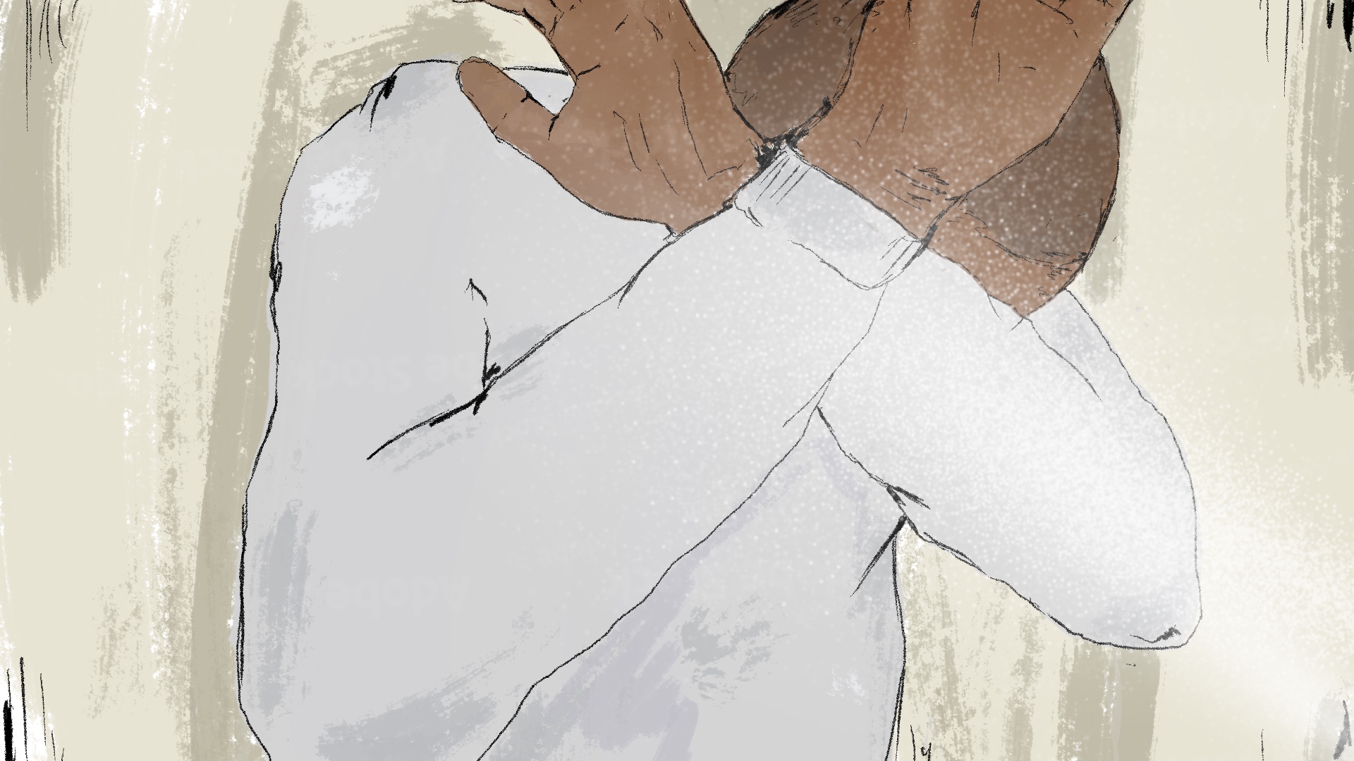 An illustration of a person who is a prisoner covering their face with an x formation of their arms because of the pepper spray being sprayed at them.