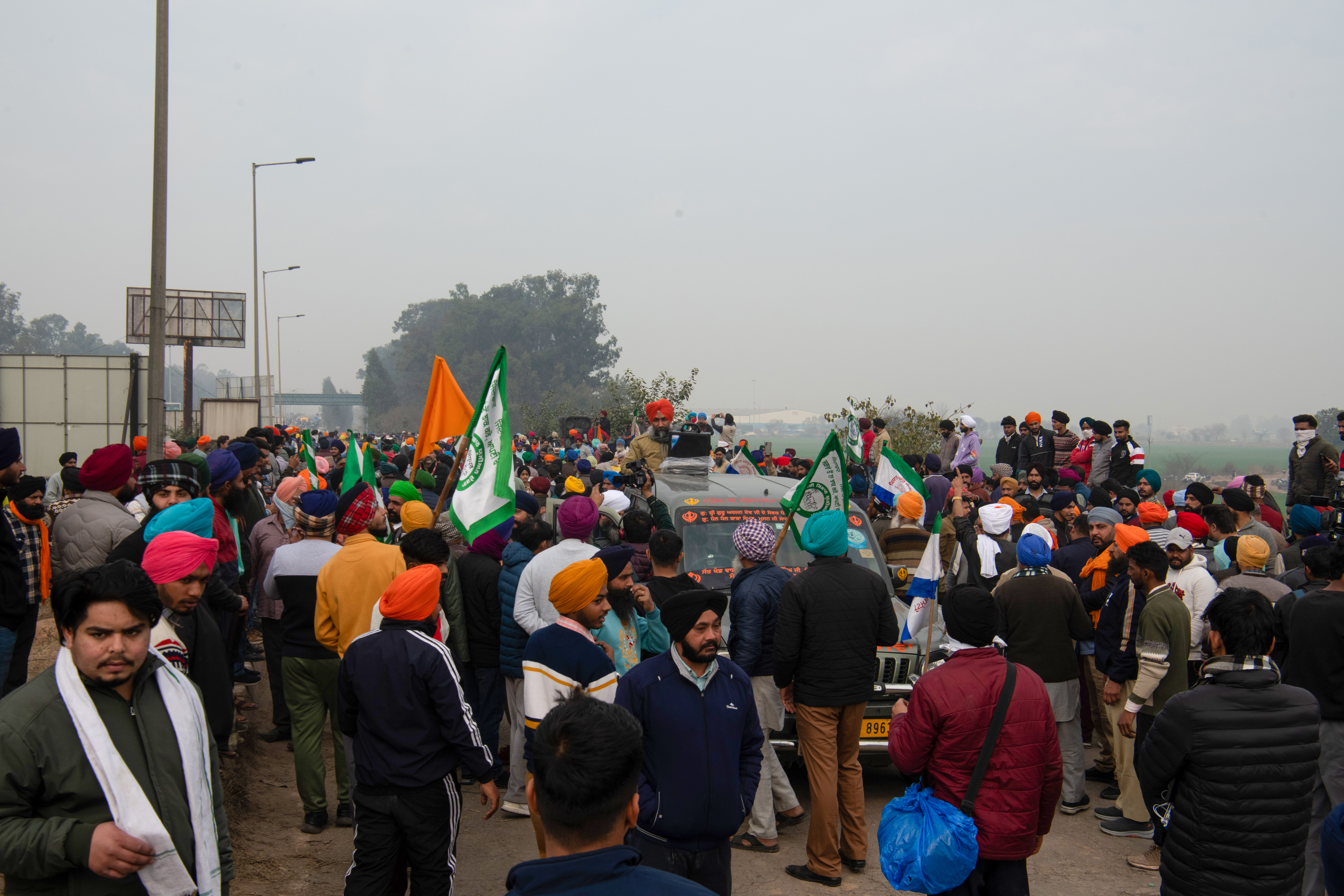Farmers assemble at the Sindhu border, where authorities place barricades to prevent them from advancing towards Delhi. Multiple barricades and iron nails are deployed by the authorities to hinder protesting farmers from reaching Delhi to press their demands.