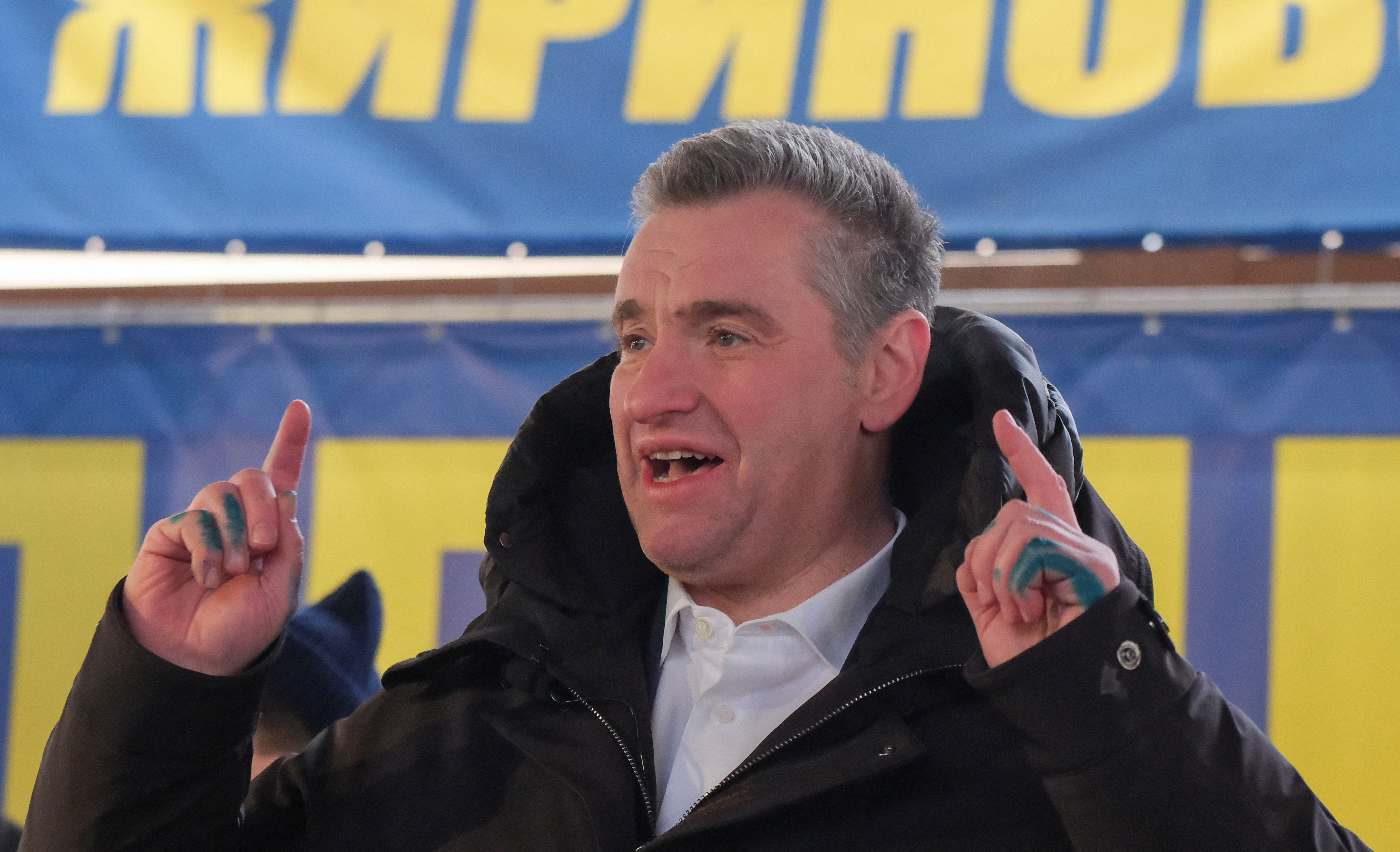 Leonid Slutsky, leader of the Liberal Democratic Party of Russia (LDPR) and presidential candidate for the upcoming March 2024 elections, addresses his supporters during a campaign rally on Defender of the Fatherland Day in Moscow, Russia, February 23, 2024. REUTERS/Shamil Zhumatov
