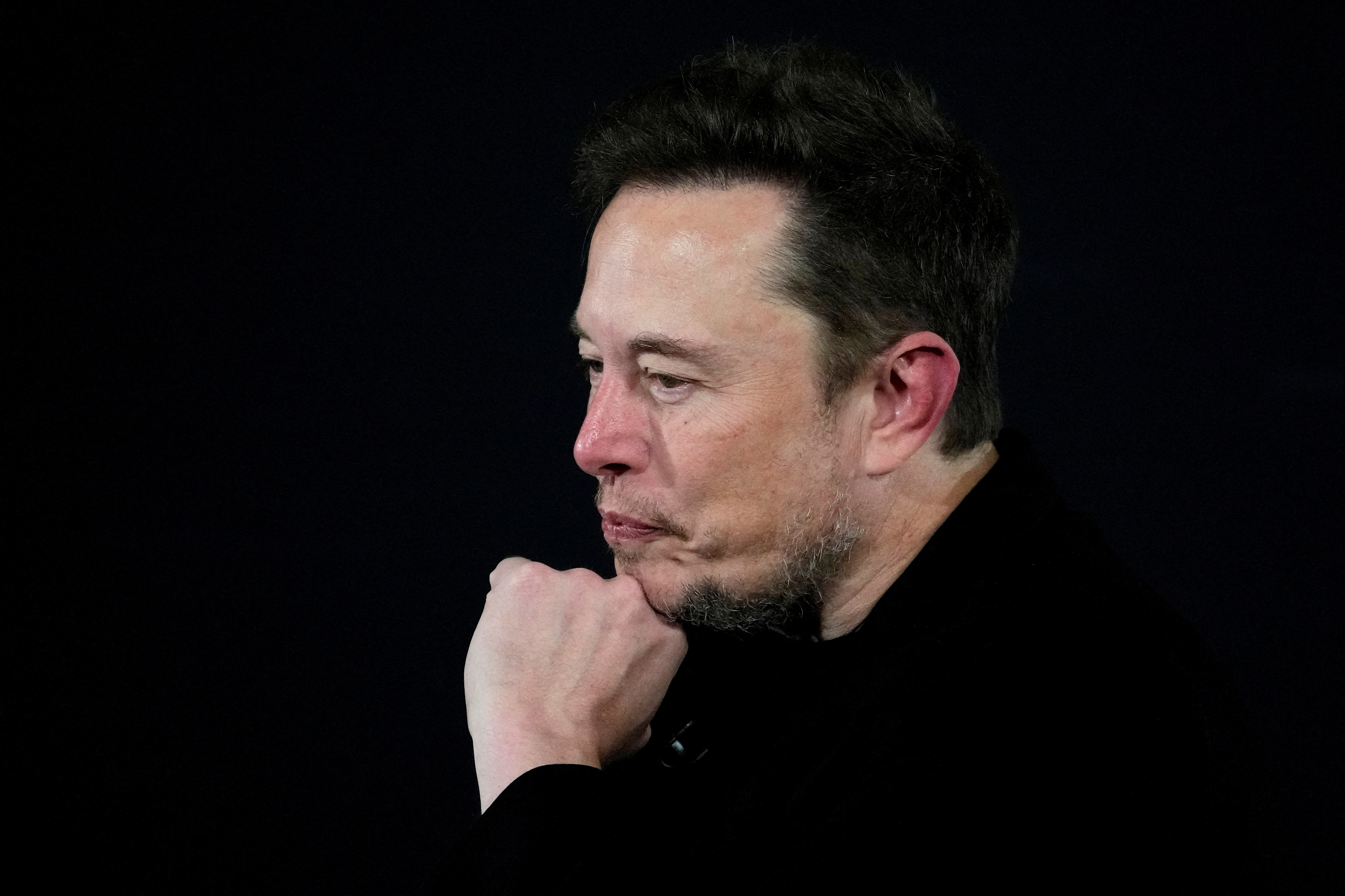 Elon Musk pauses during an in-conversation event with British Prime Minister Rishi Sunak in London, Britain, Thursday, November 2, 2023.