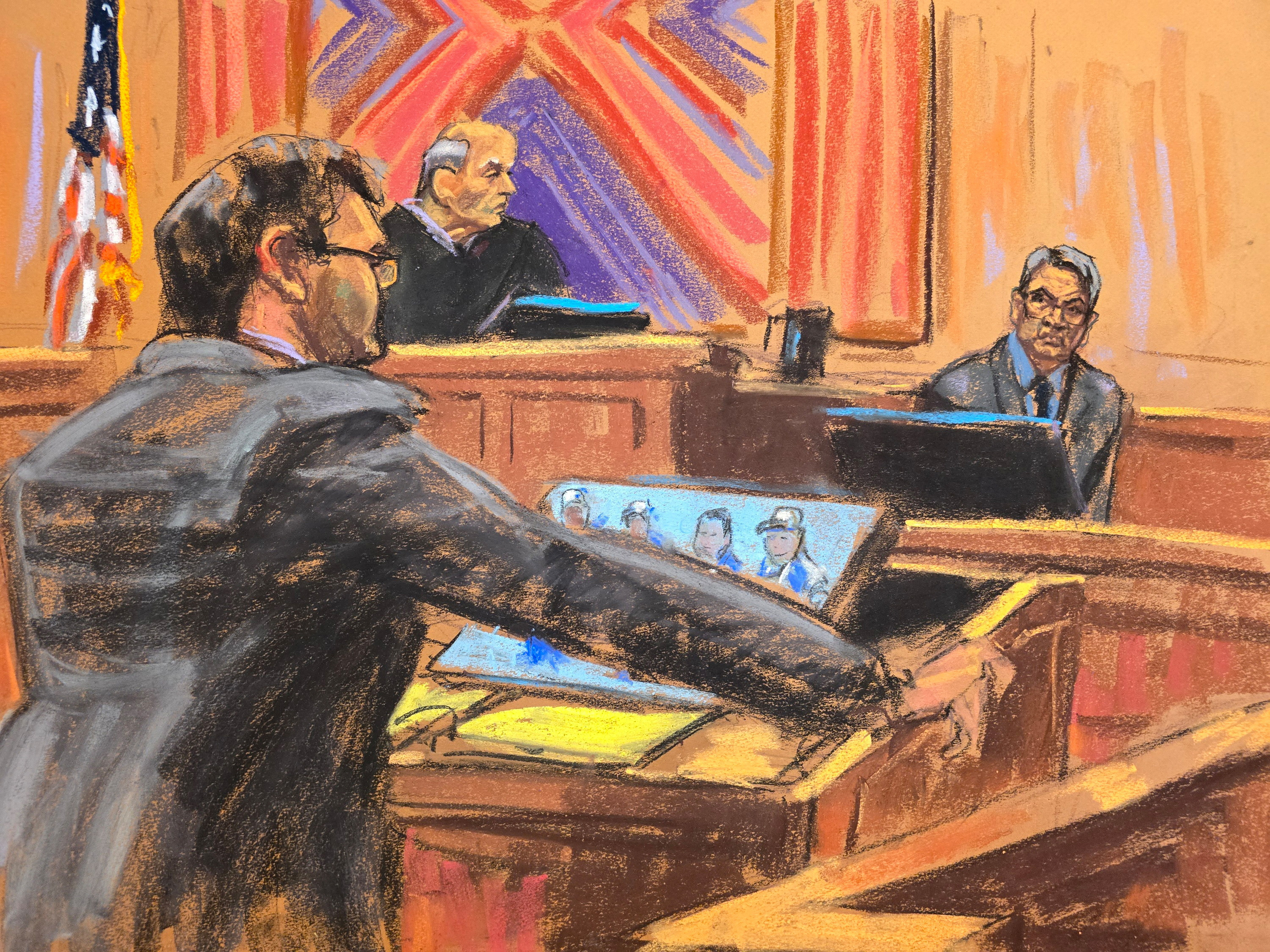A courtroom sketch of prosecutors interrogating Juan Orlando Hernandez in court.