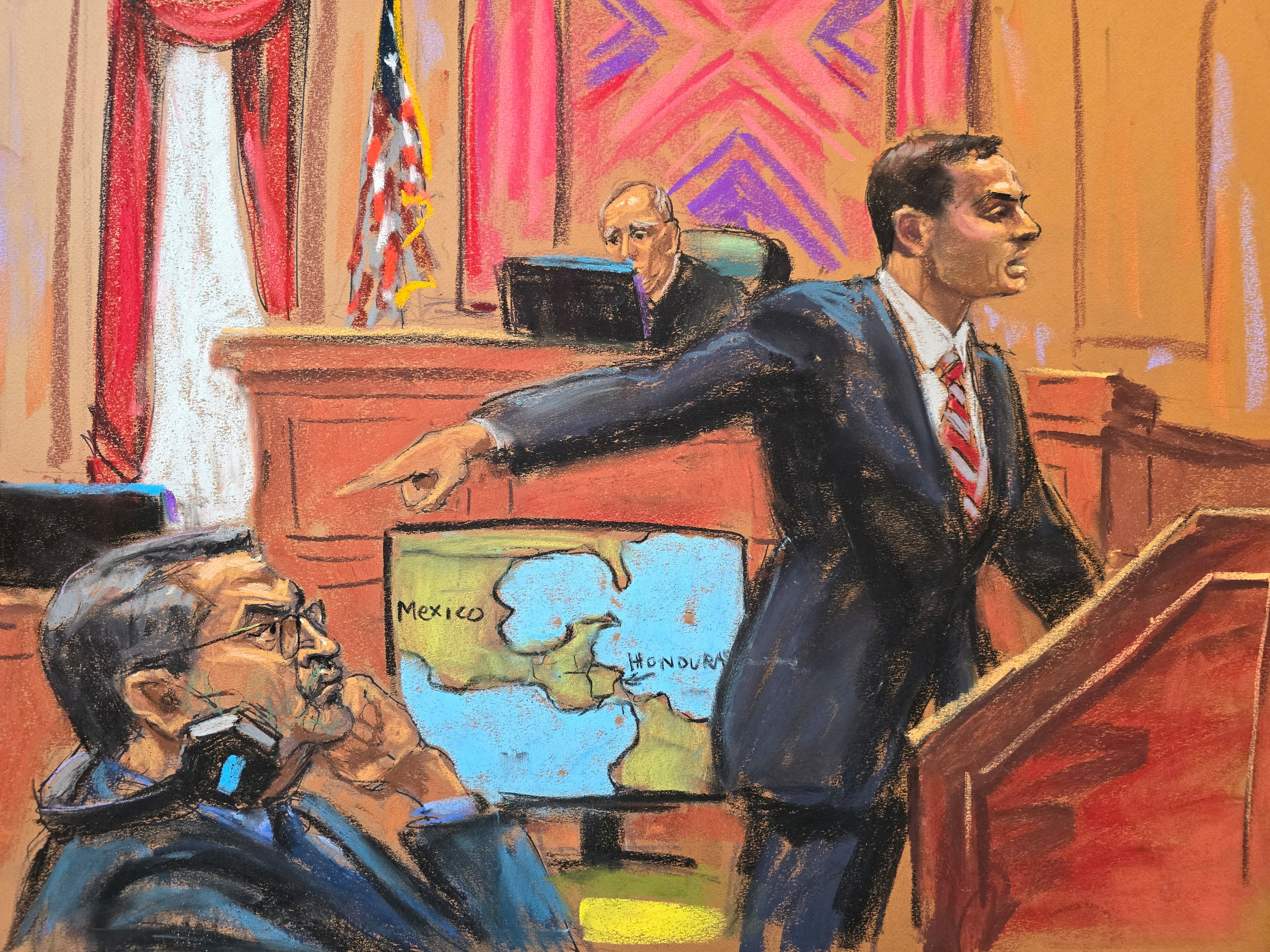 A courtroom sketch of a lawyer pointing at Juan Orlando Hernandez.