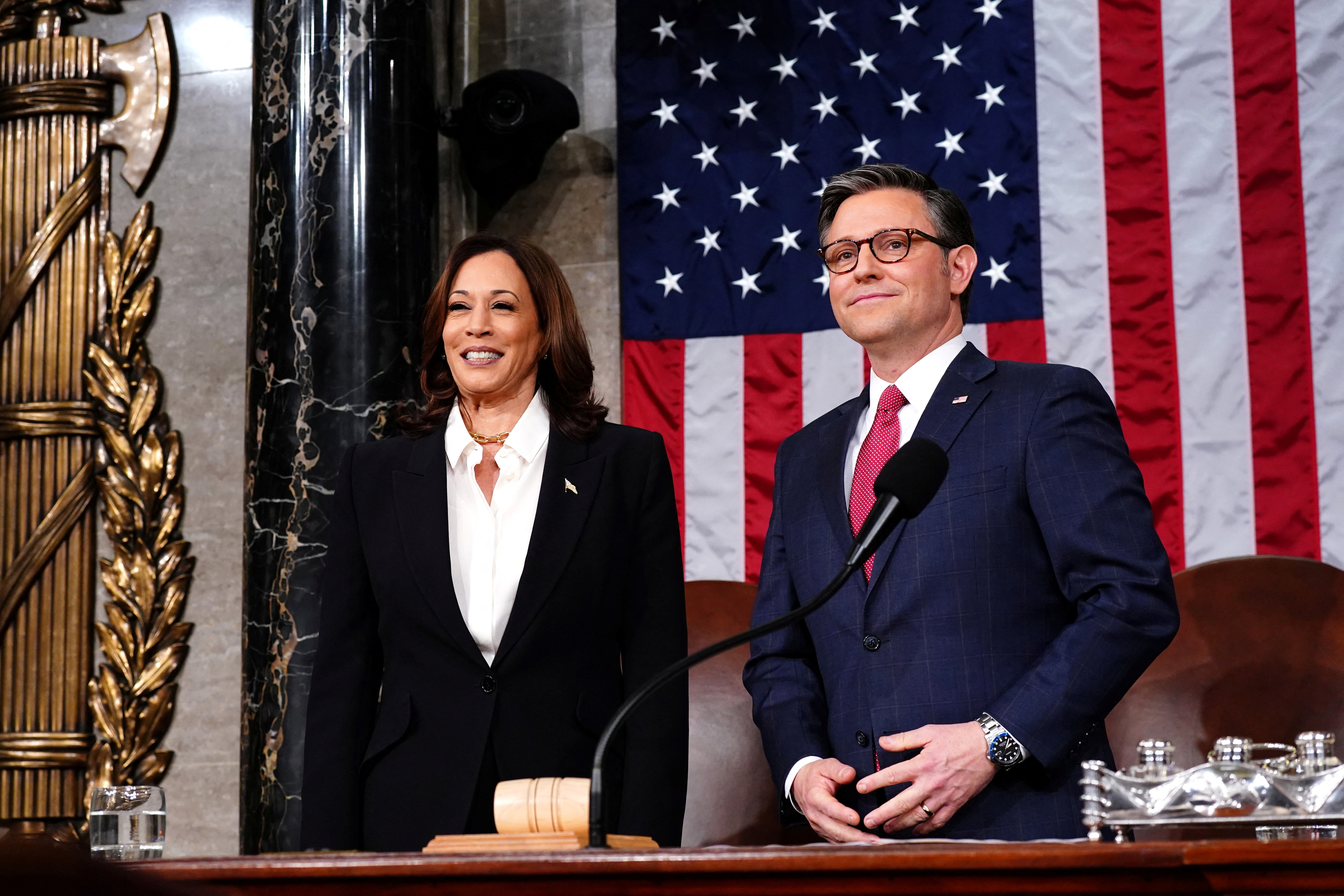 US Vice President Kamala Harris and US House Speaker Mike Johnson ahead of Biden's address