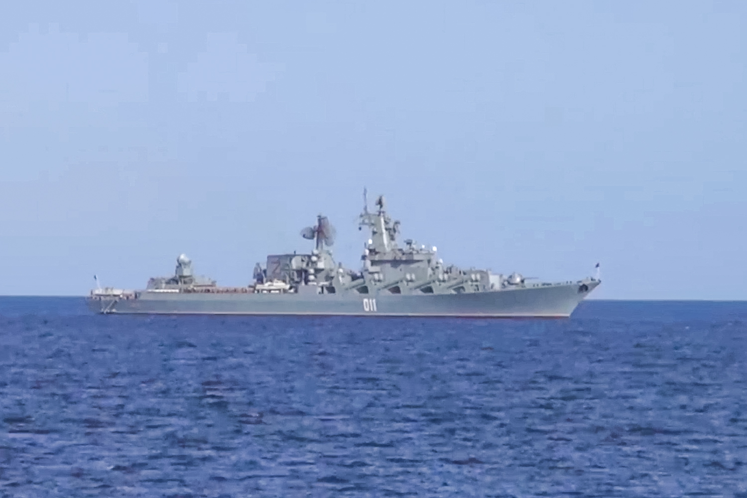 A view shows the Russian missile cruiser Varyag during the Maritime Security Belt 2024 international naval exercise of Russia, China and Iran in the Gulf of Oman