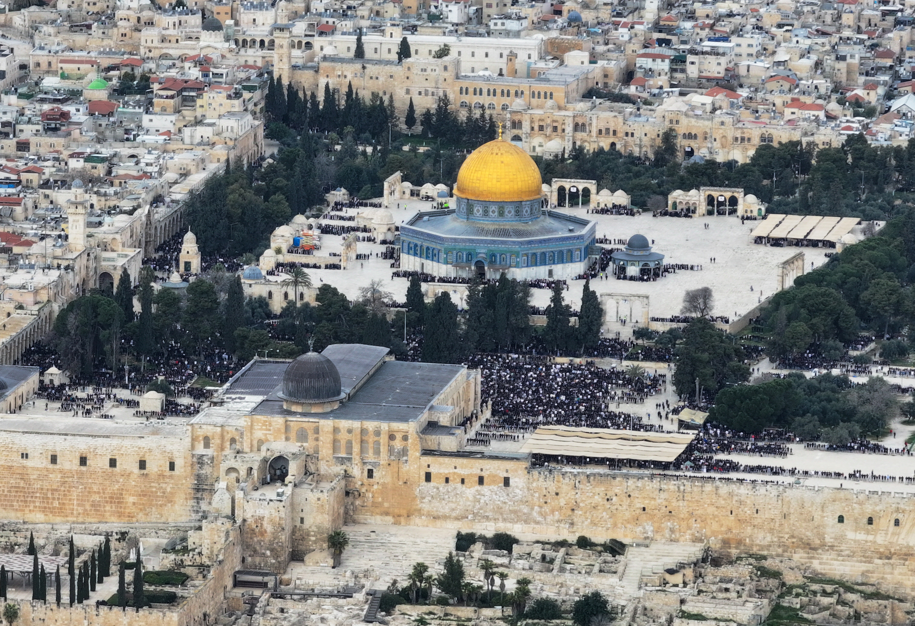 A drone view shows the Dome of the Rock on Al-Aqsa compound, also known to Jews as the Temple Mount, on the day of the first Friday prayers during Ramadan, in Jerusalem's Old City March 15, 2024. REUTERS/Ilan Rosenberg